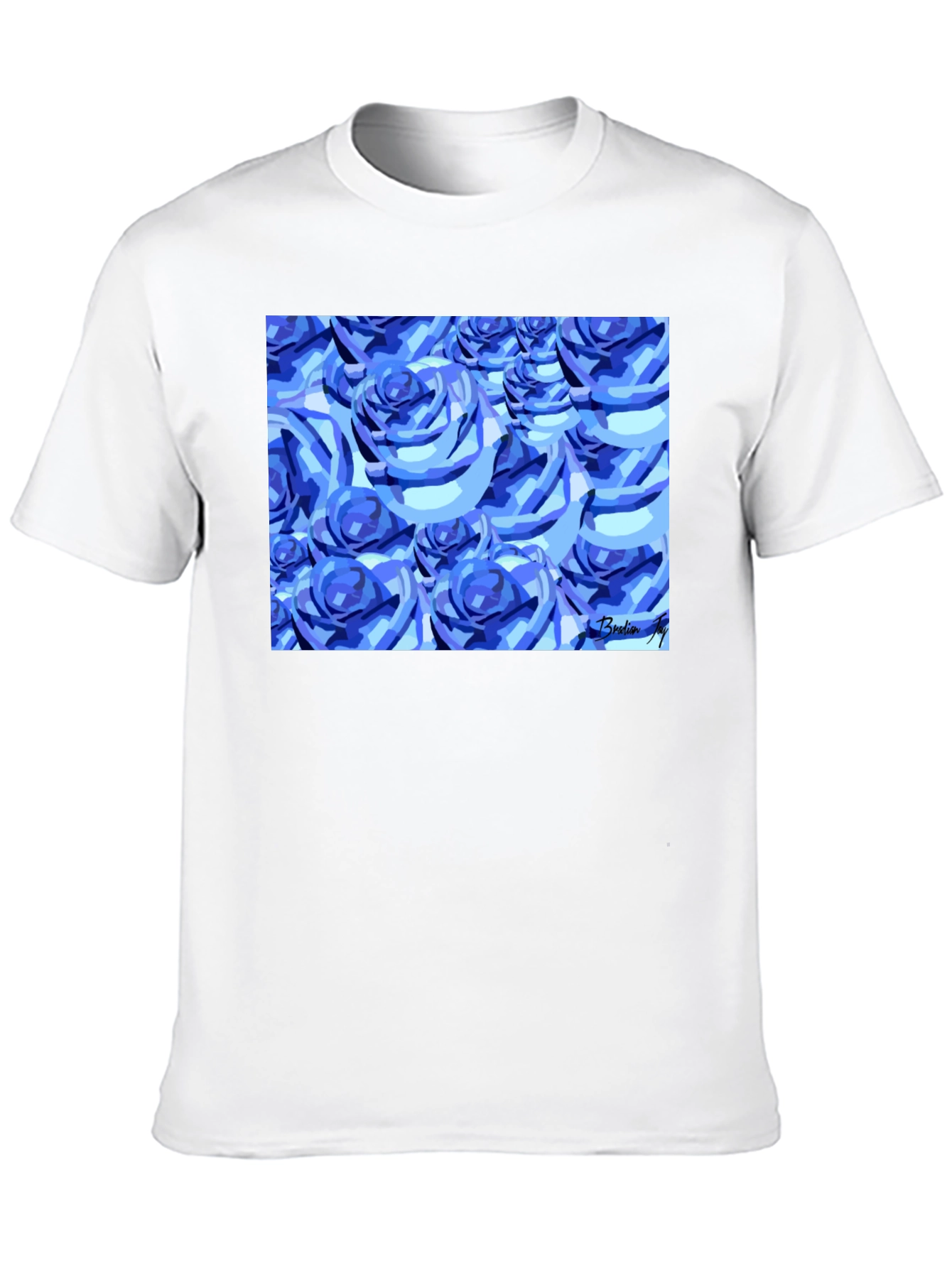 Camiseta Negra con Diseño de Rosas Azules Abstractas