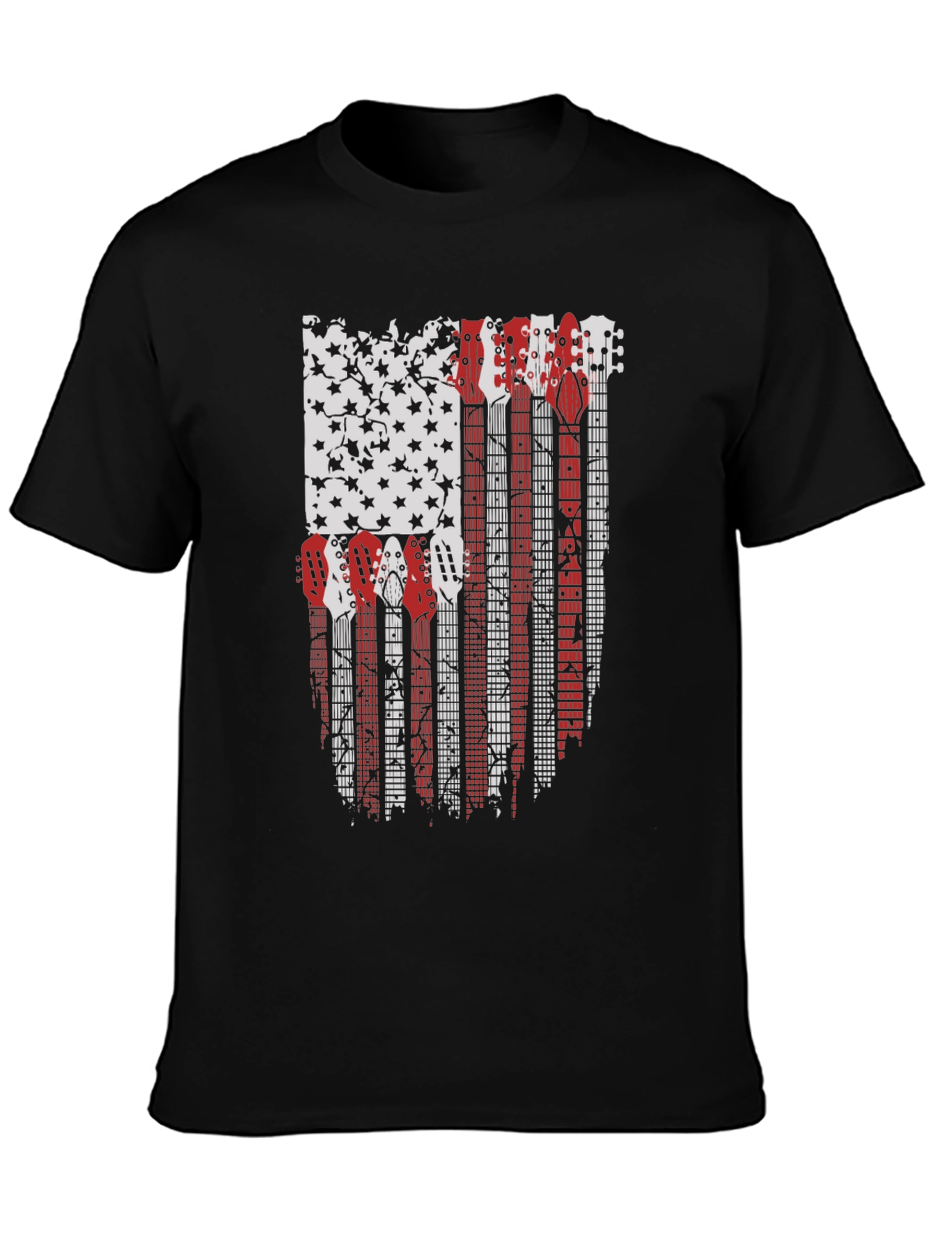 Camiseta Negra con Diseño de Bandera Americana y Guitarras