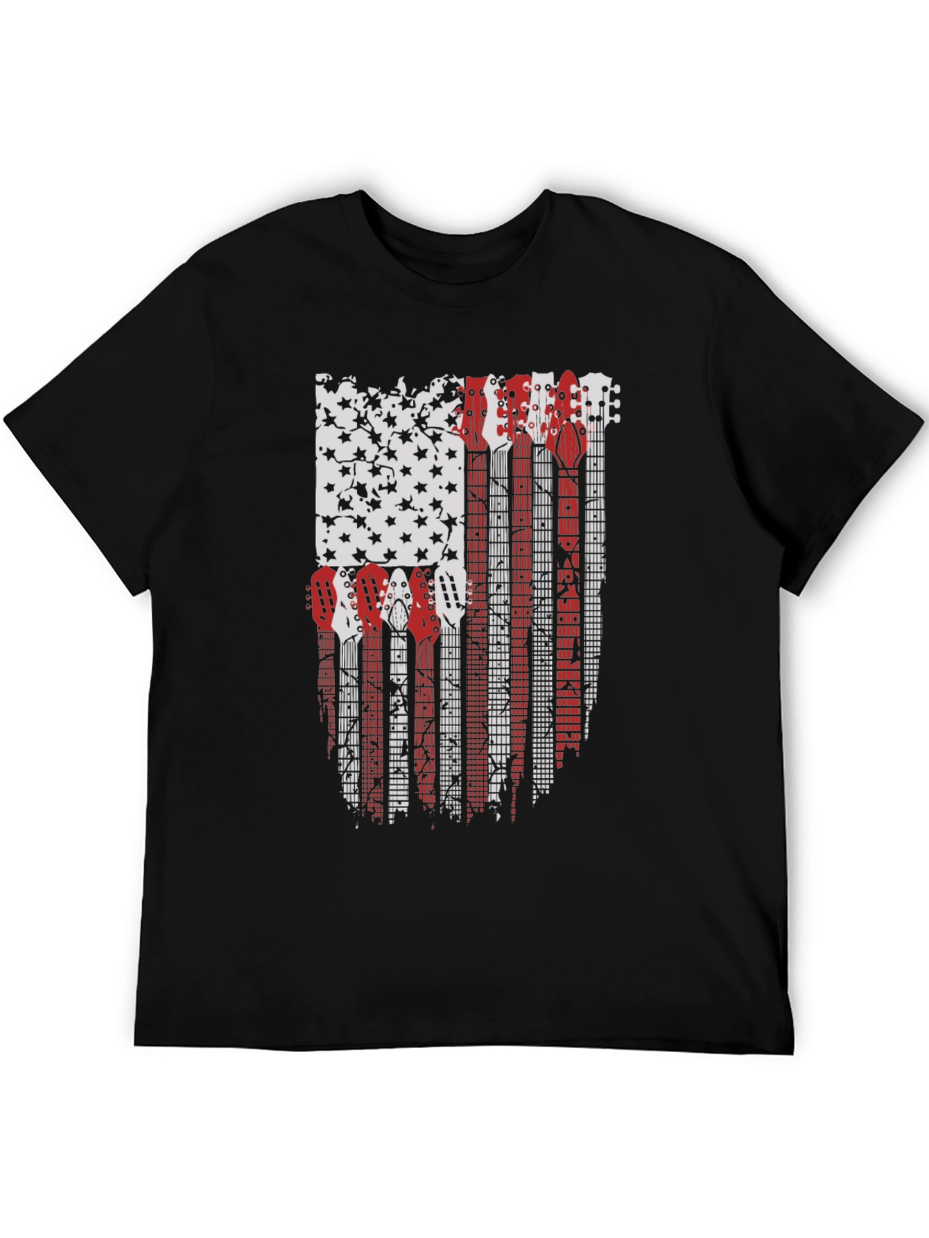 Camiseta Negra con Diseño de Bandera Americana y Guitarras