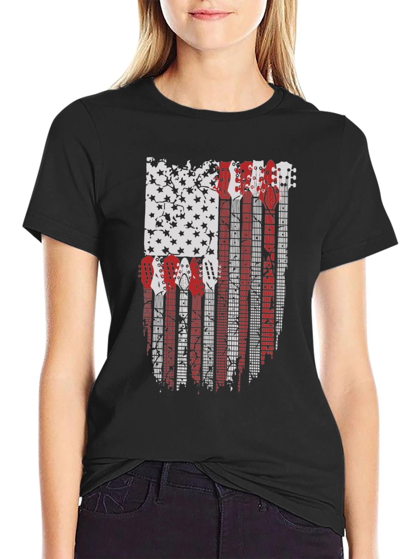 Camiseta Negra con Diseño de Bandera Americana y Guitarras