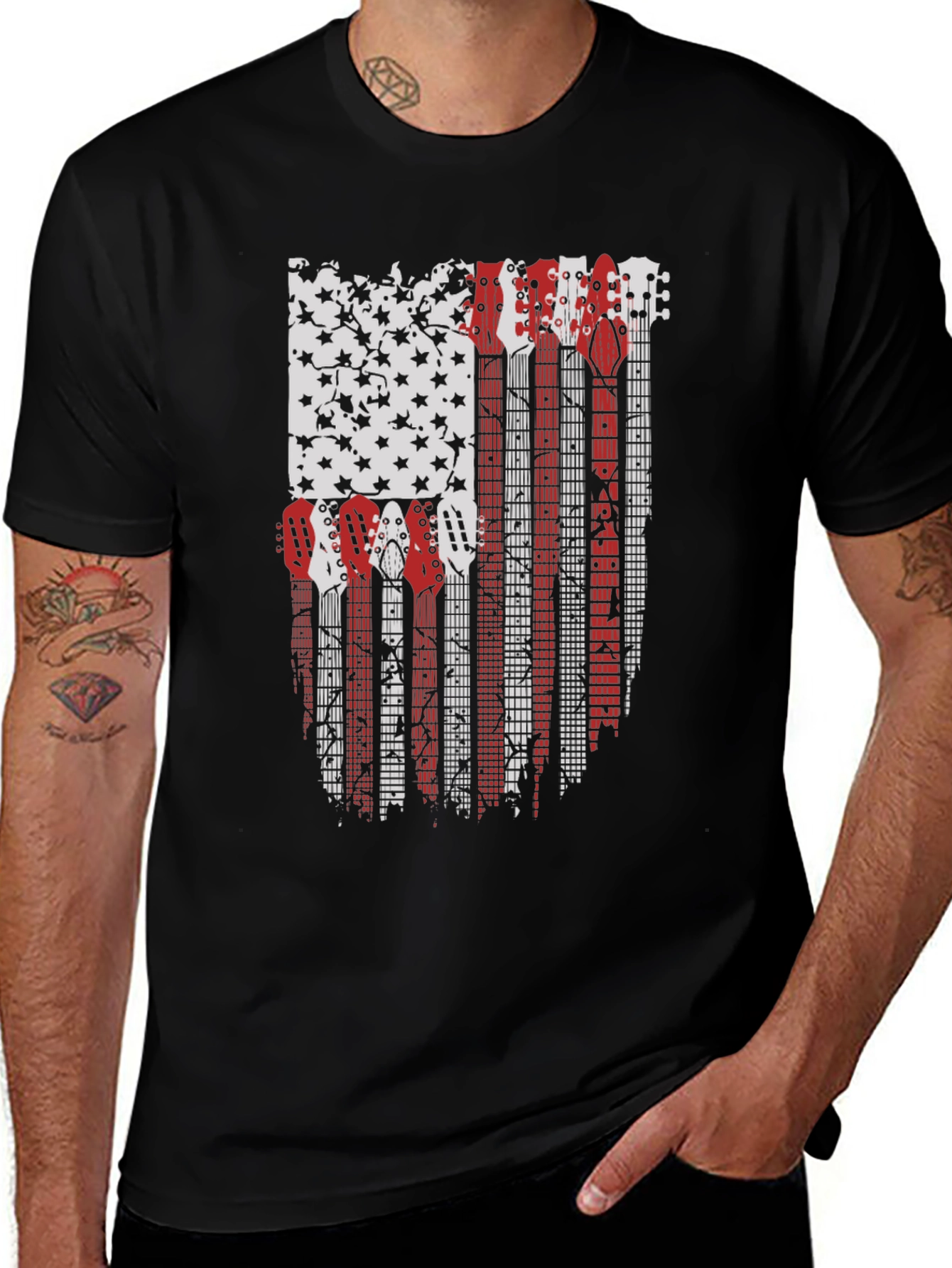 Camiseta Negra con Diseño de Bandera Americana y Guitarras