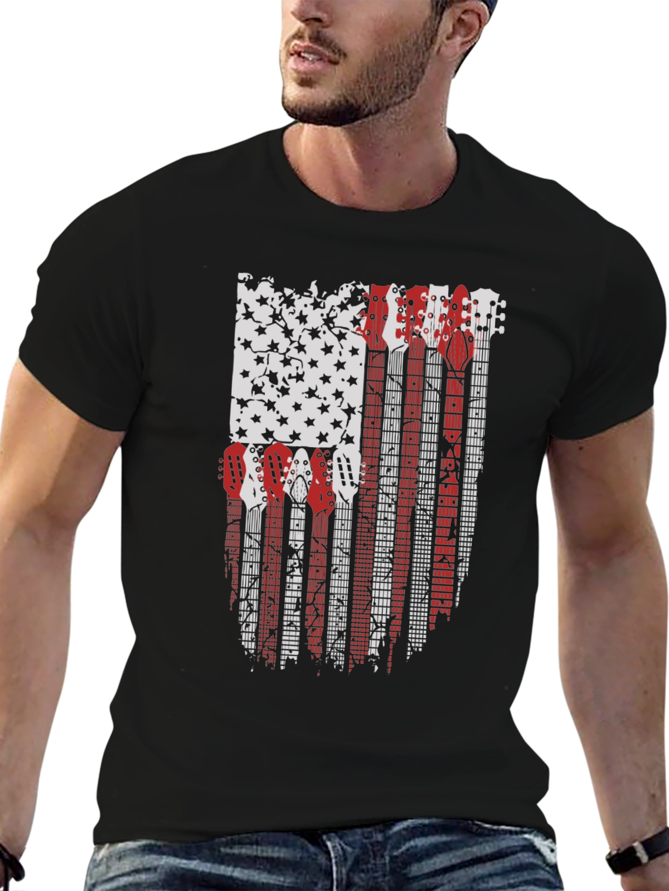 Camiseta Negra con Diseño de Bandera Americana y Guitarras