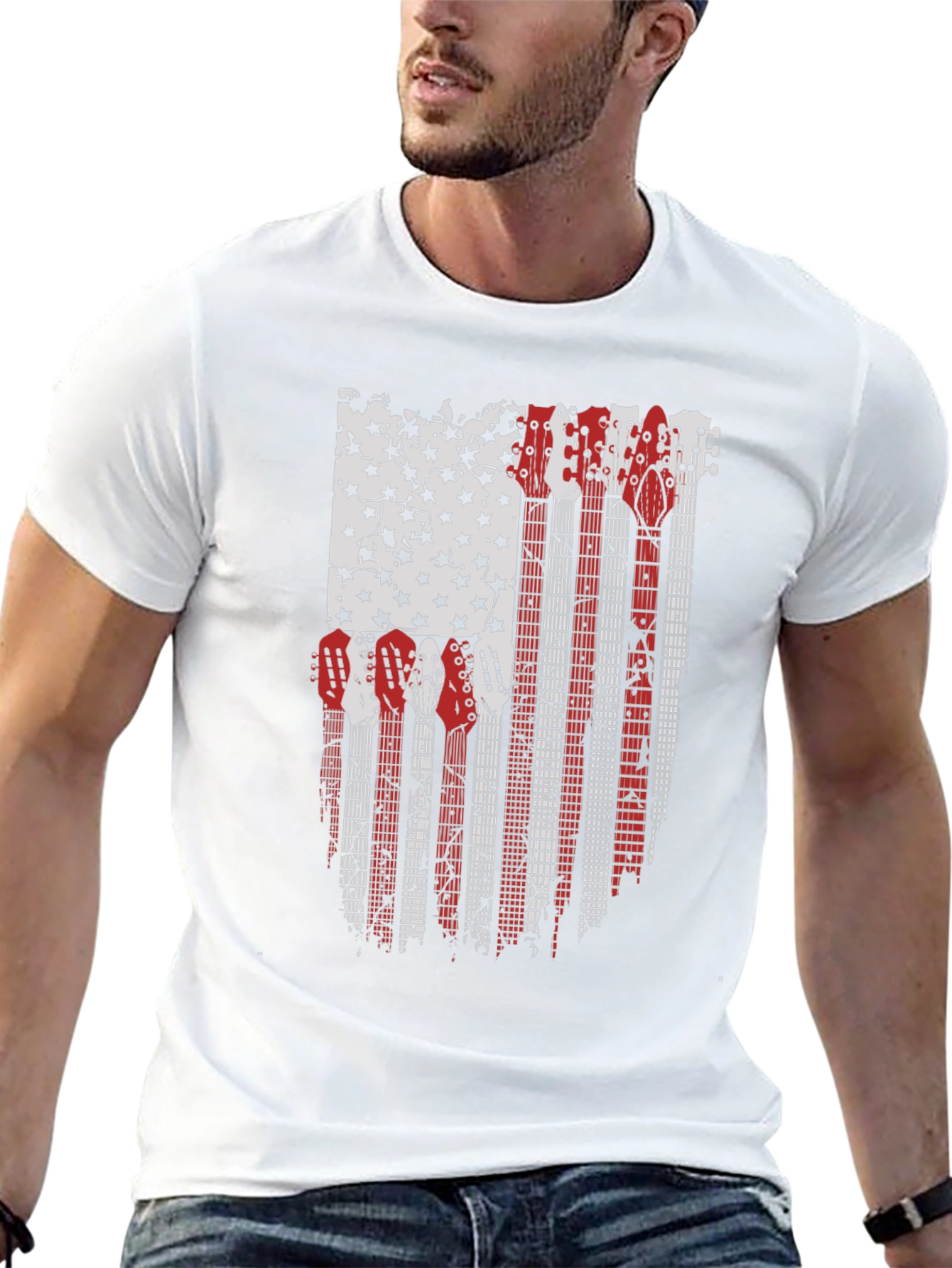 Camiseta Negra con Diseño de Bandera Americana y Guitarras