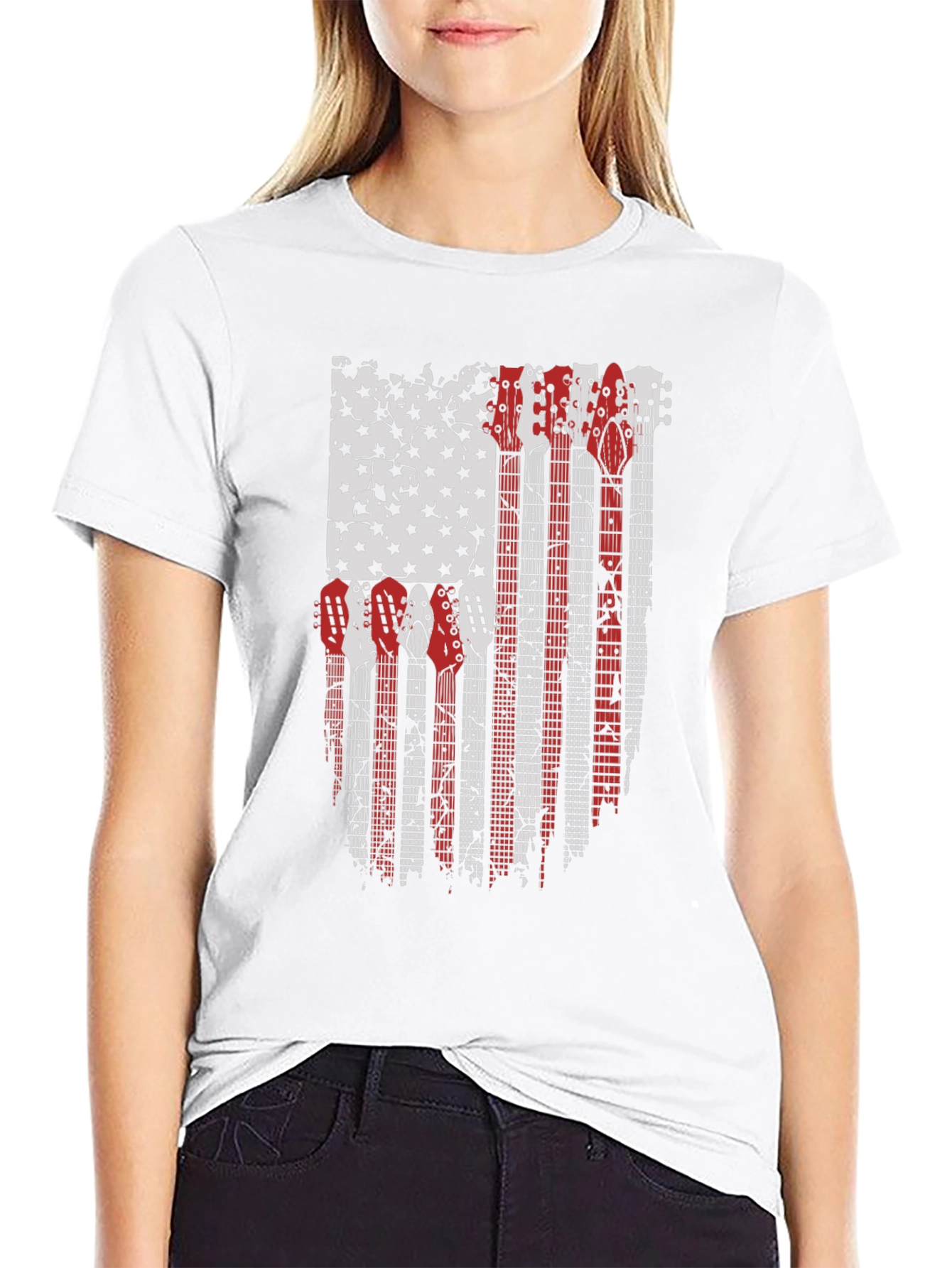 Camiseta Negra con Diseño de Bandera Americana y Guitarras