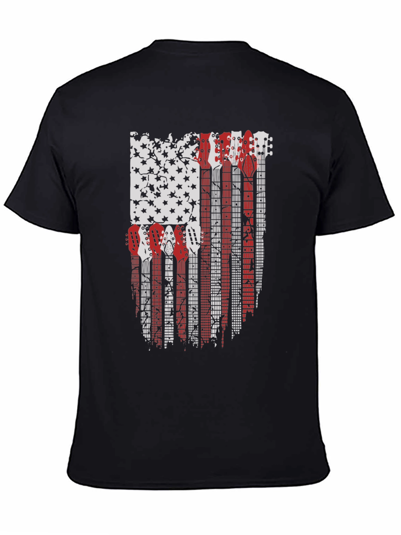 Camiseta Negra con Diseño de Bandera Americana y Guitarras