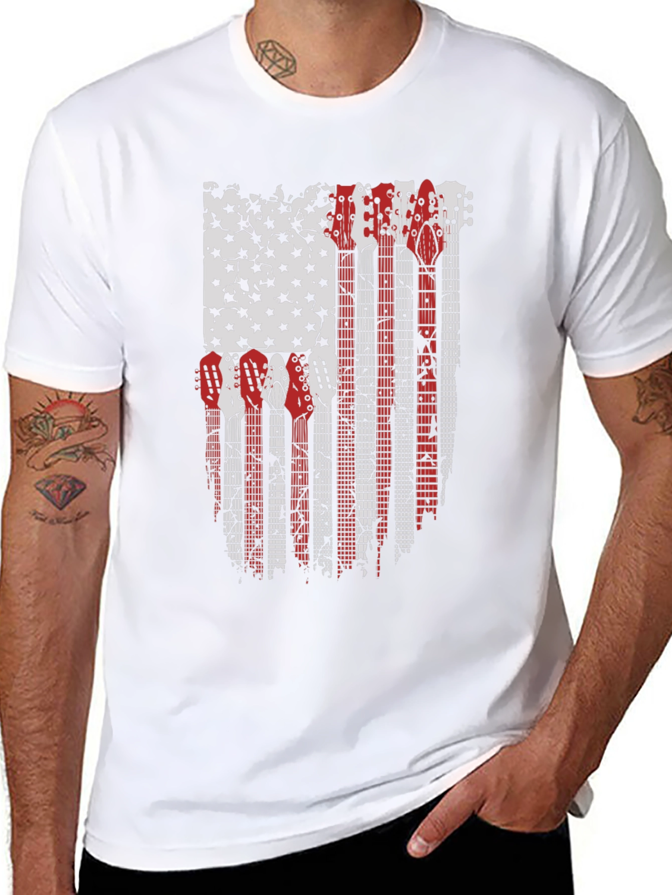Camiseta Negra con Diseño de Bandera Americana y Guitarras