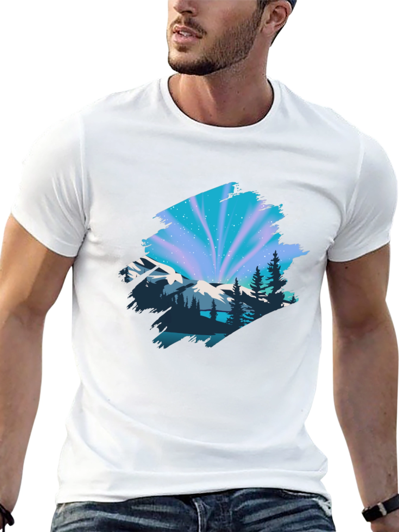 Camiseta Negra con Diseño Aurora Boreal