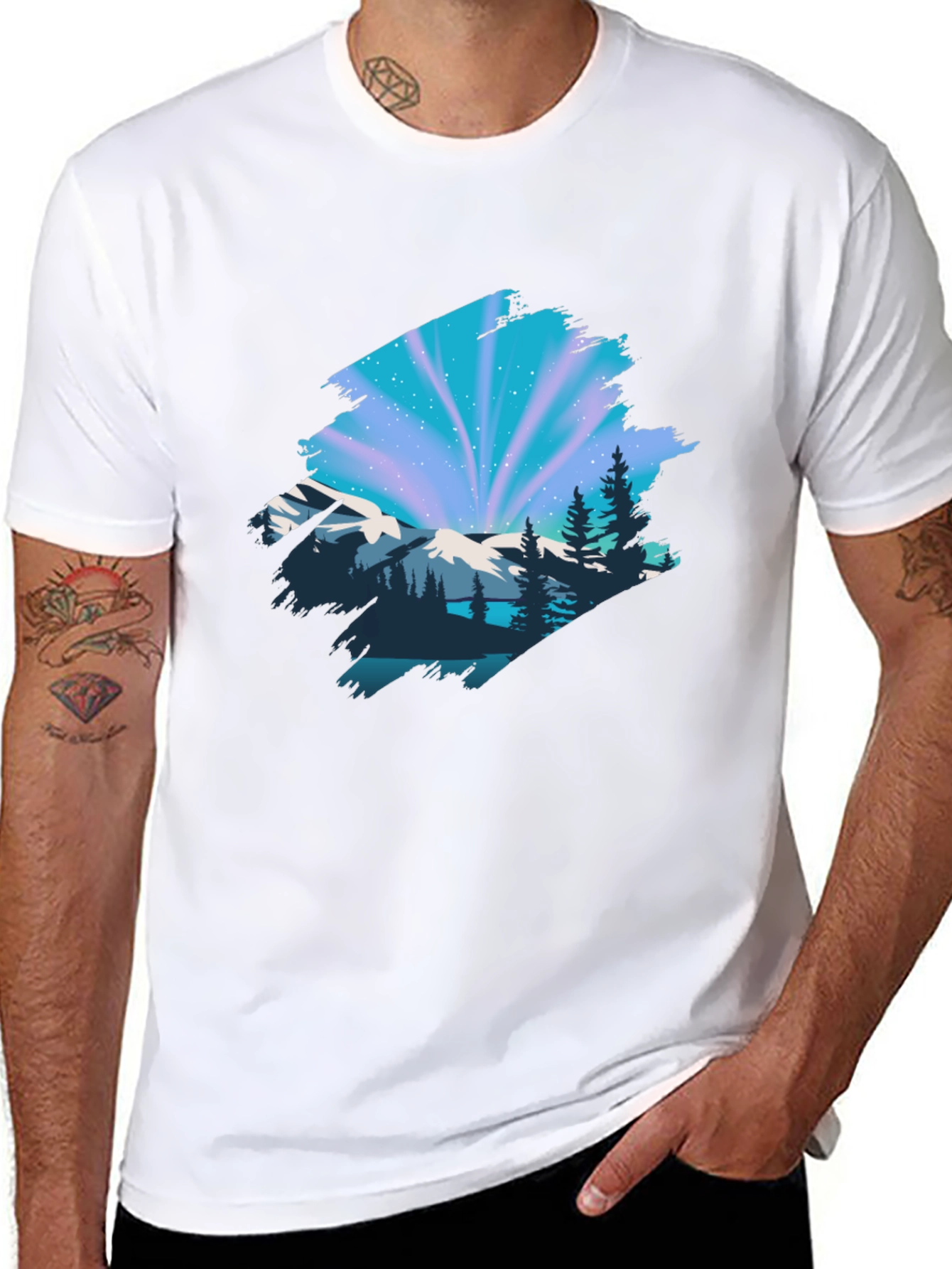 Camiseta Negra con Diseño Aurora Boreal