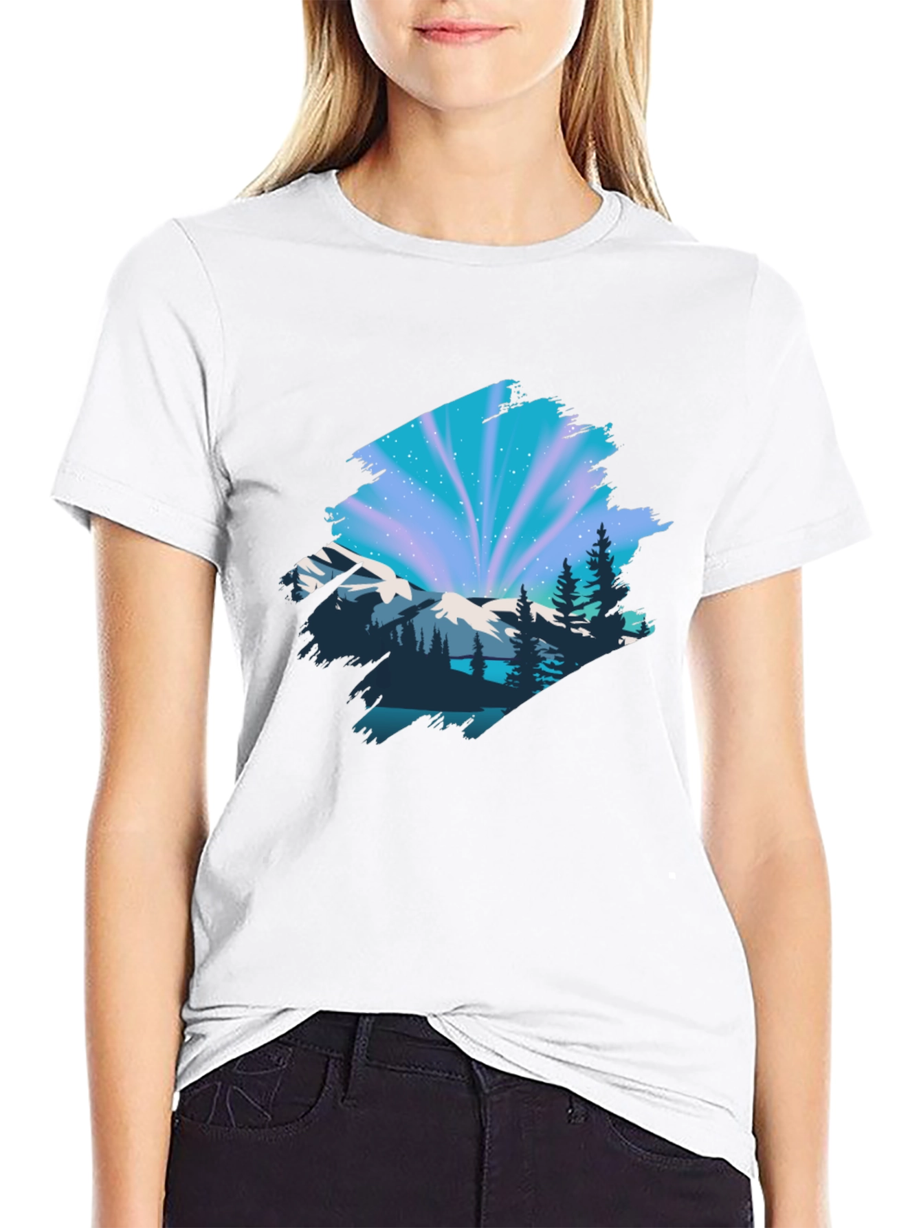 Camiseta Negra con Diseño Aurora Boreal