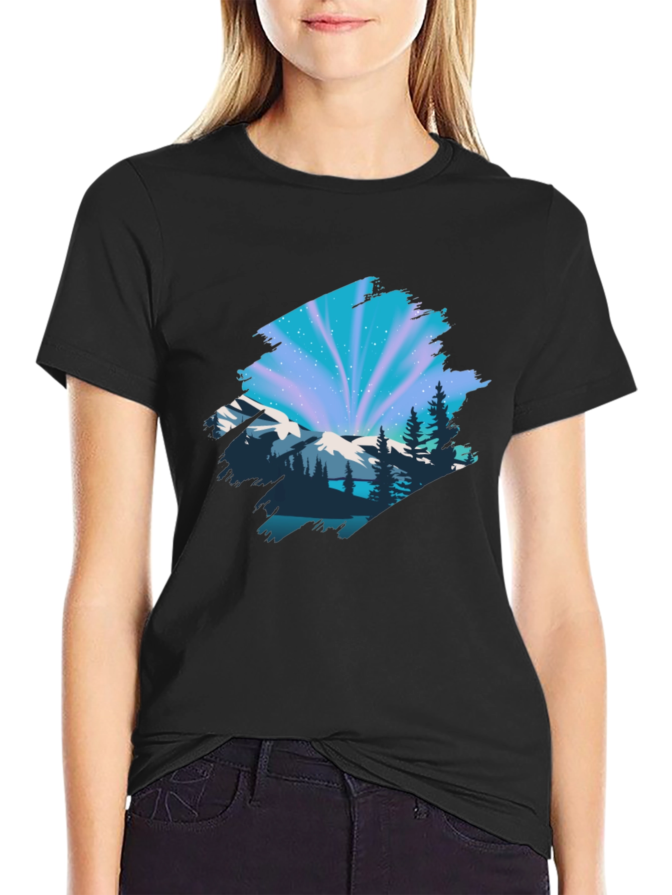 Camiseta Negra con Diseño Aurora Boreal