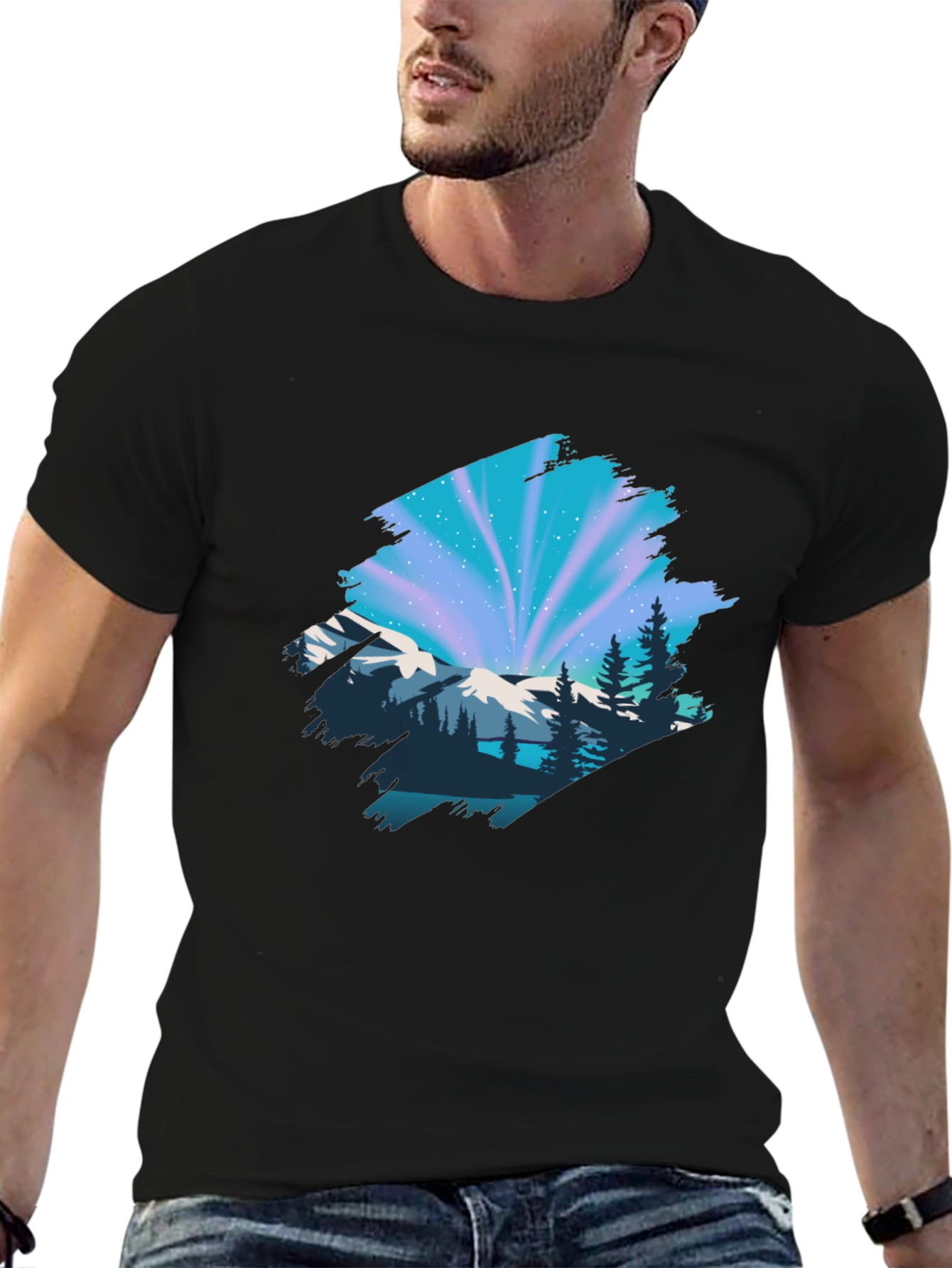 Camiseta Negra con Diseño Aurora Boreal