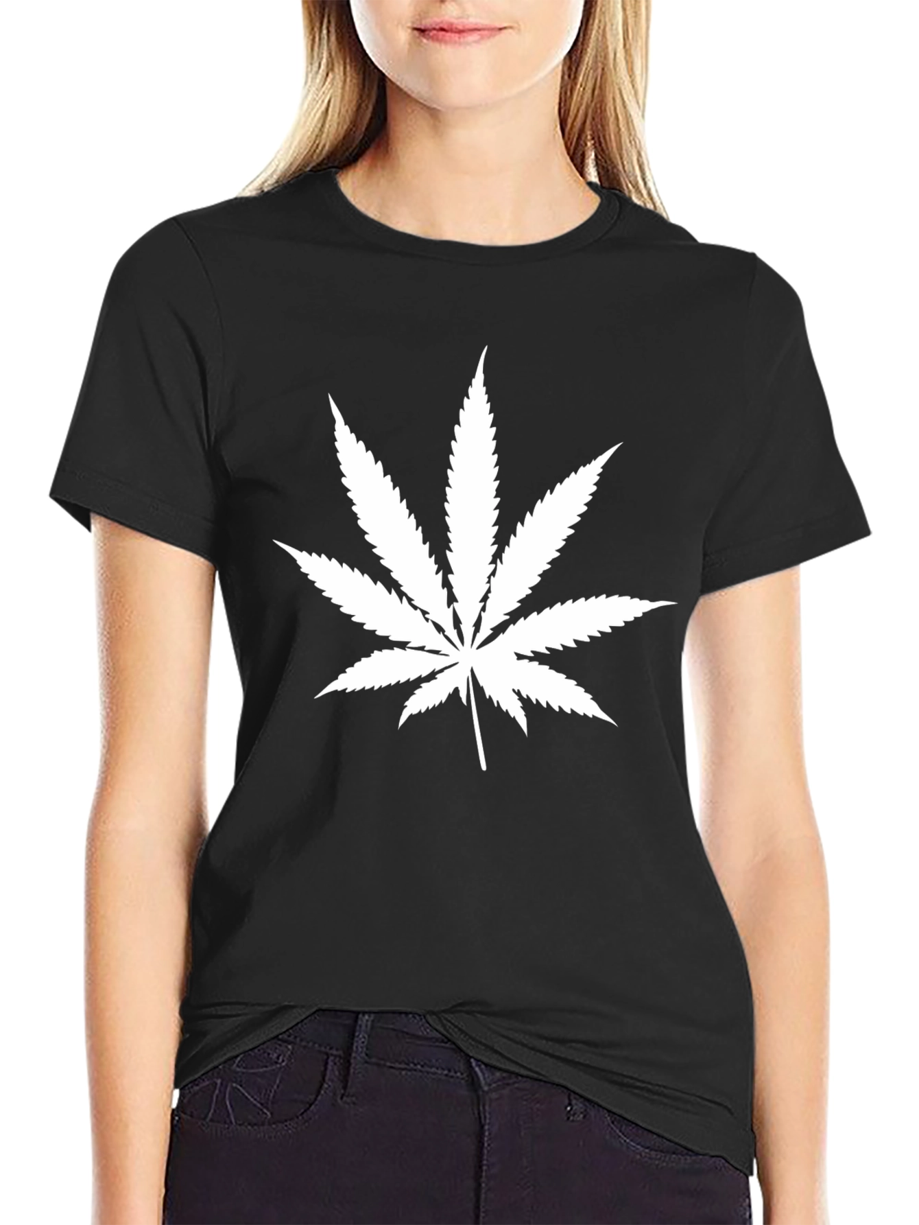 Camiseta Negra Hoja de Cannabis Algodón Casual