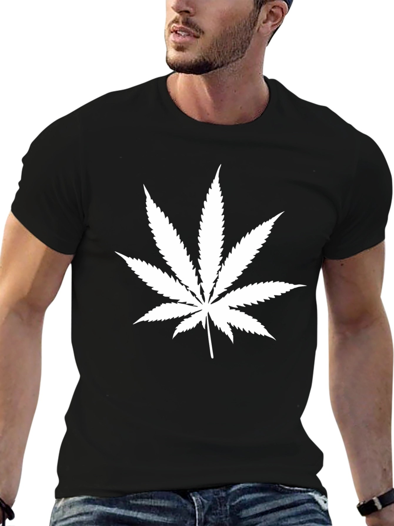 Camiseta Negra Hoja de Cannabis Algodón Casual