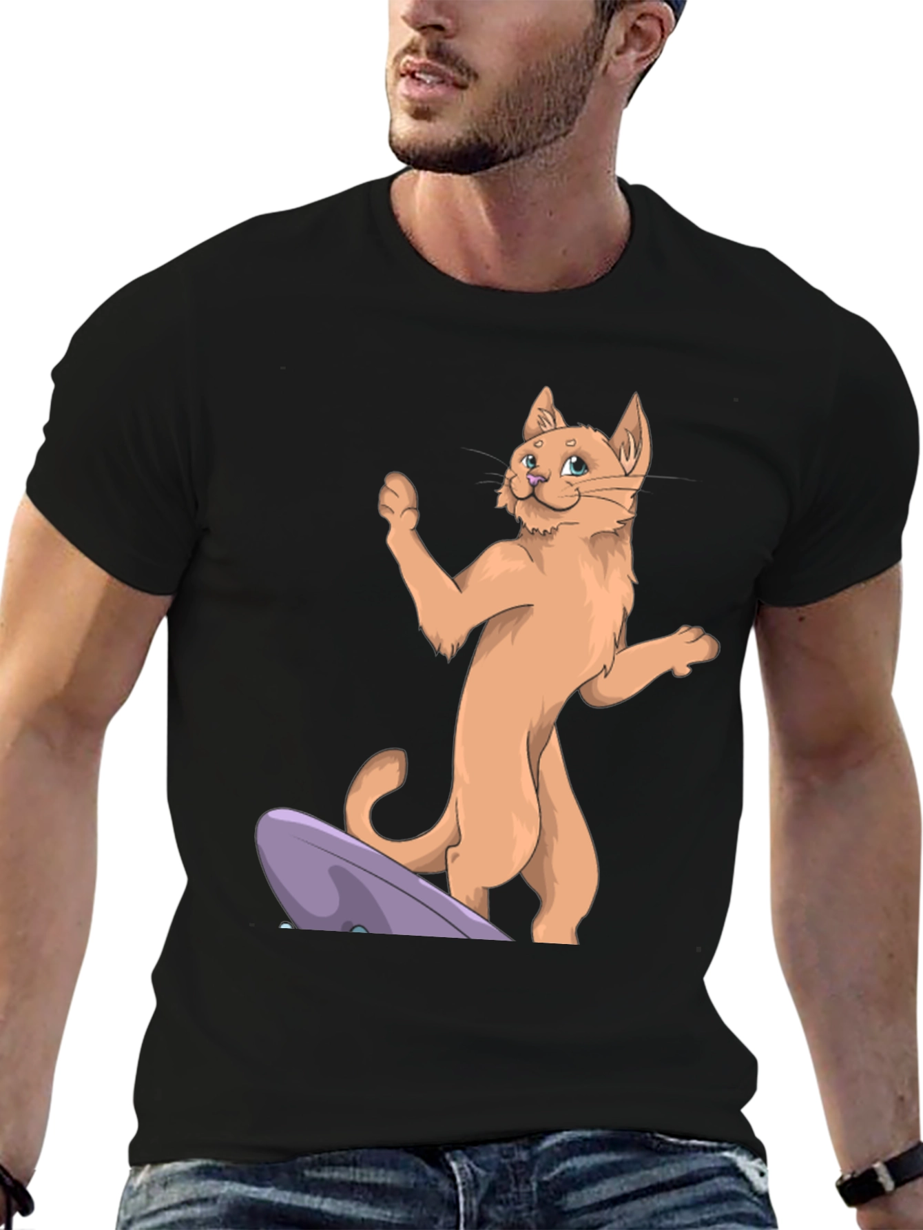 Camiseta Negra con Diseño de Gato Surfista