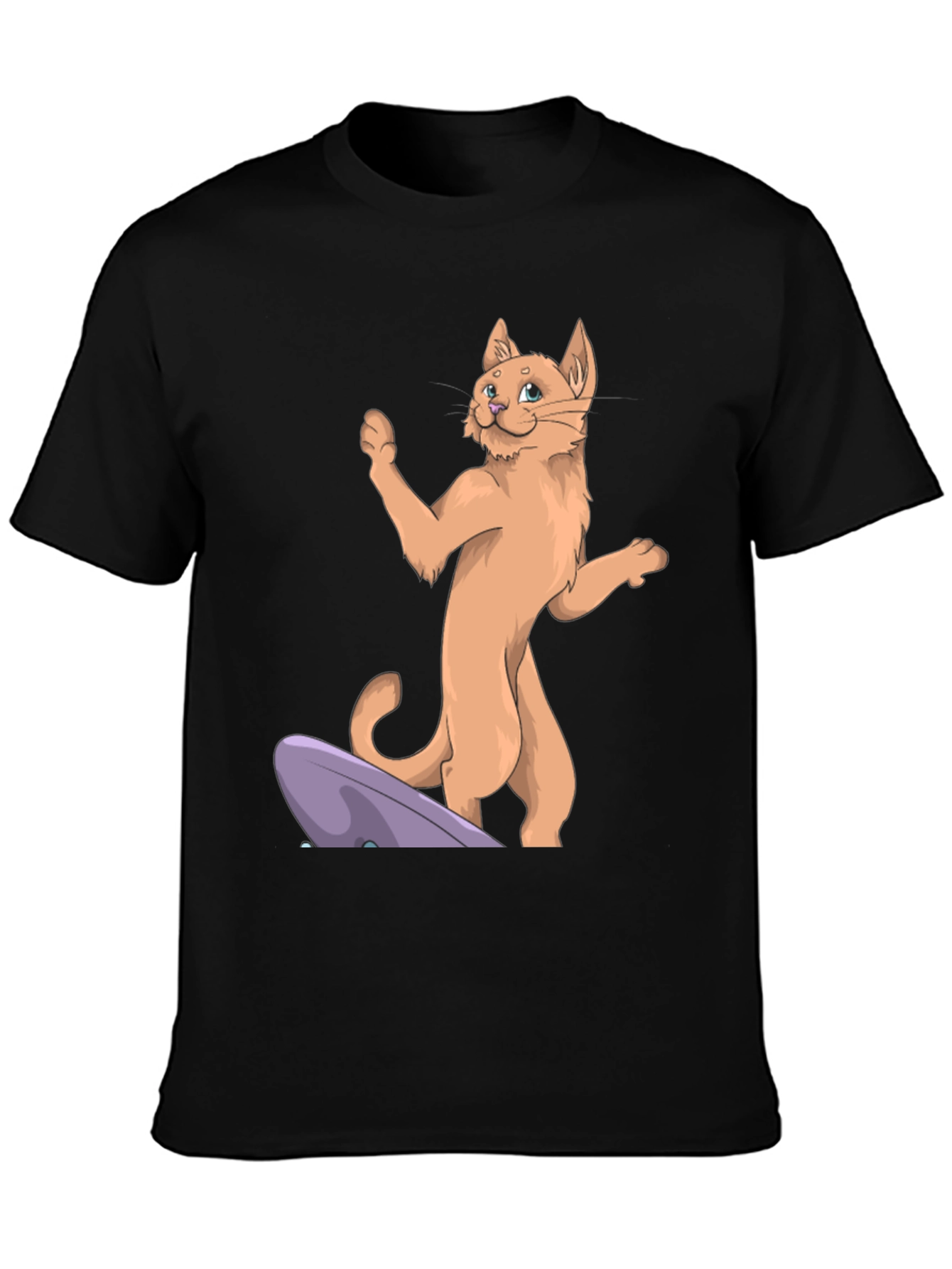 Camiseta Negra con Diseño de Gato Surfista