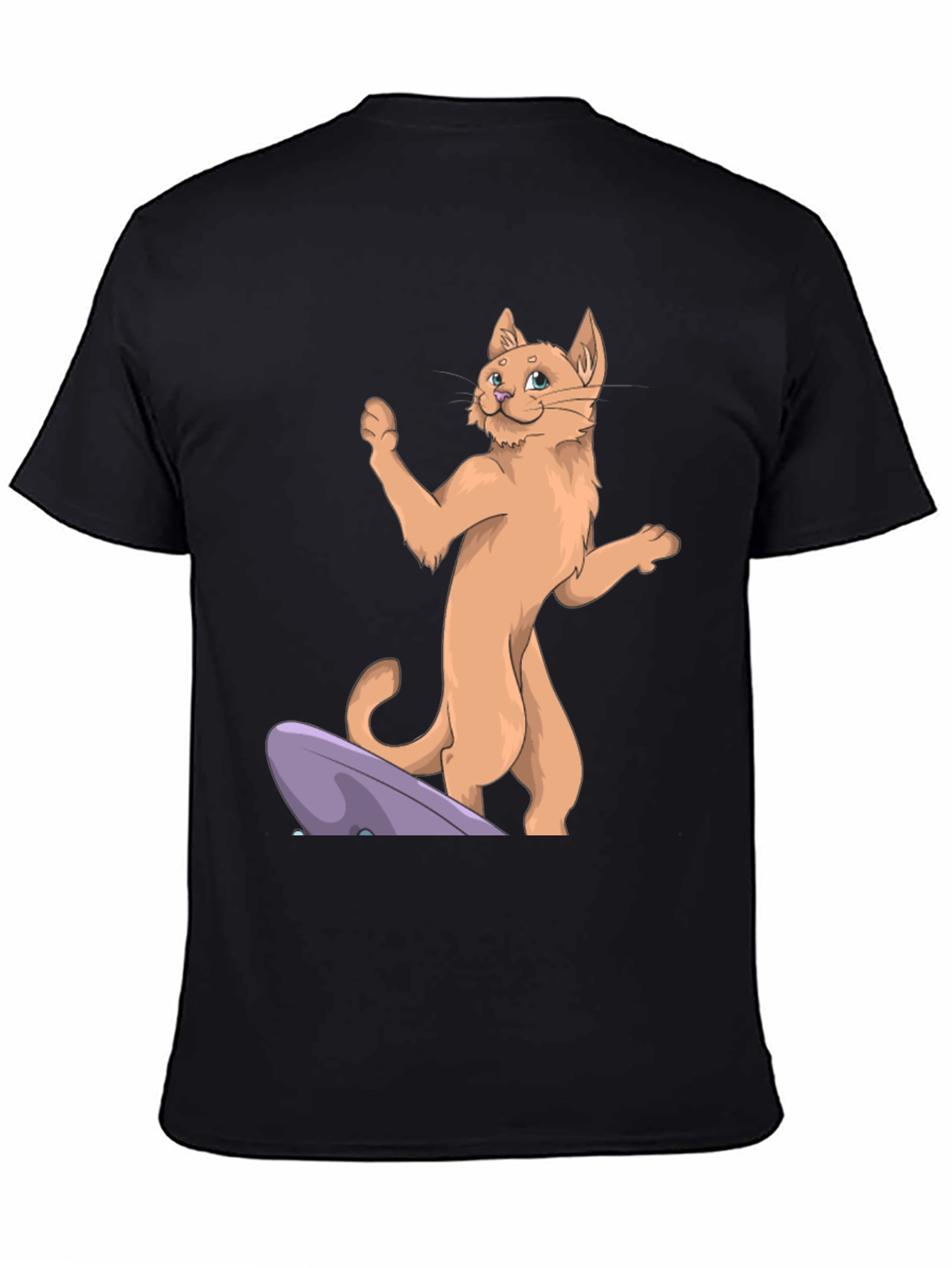 Camiseta Negra con Diseño de Gato Surfista