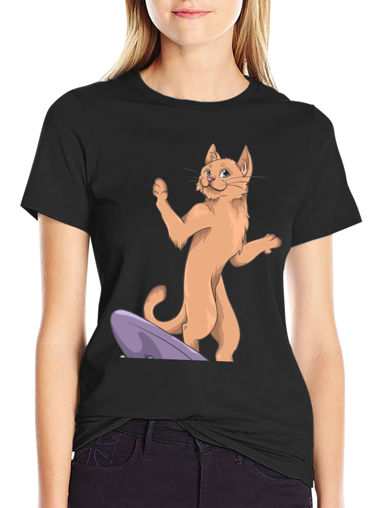 Camiseta Negra con Diseño de Gato Surfista