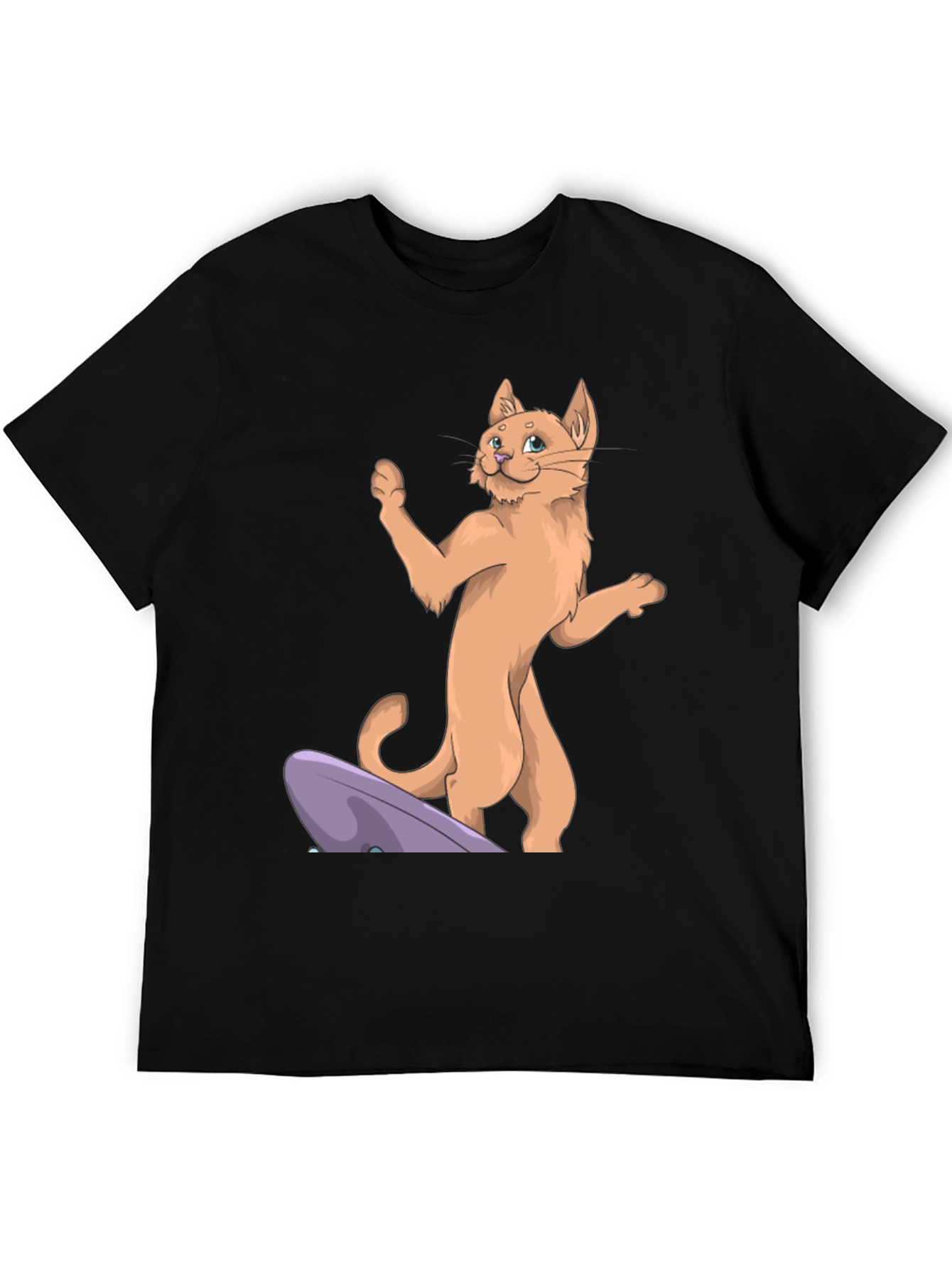 Camiseta Negra con Diseño de Gato Surfista