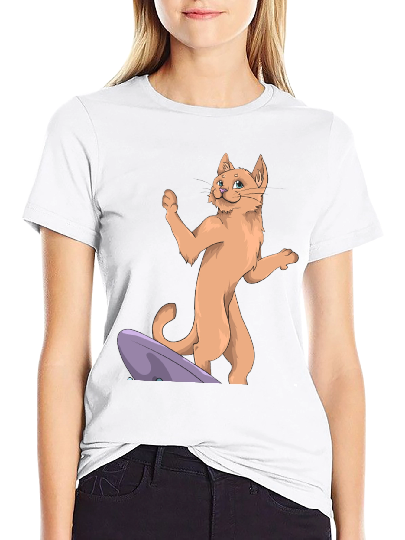 Camiseta Negra con Diseño de Gato Surfista