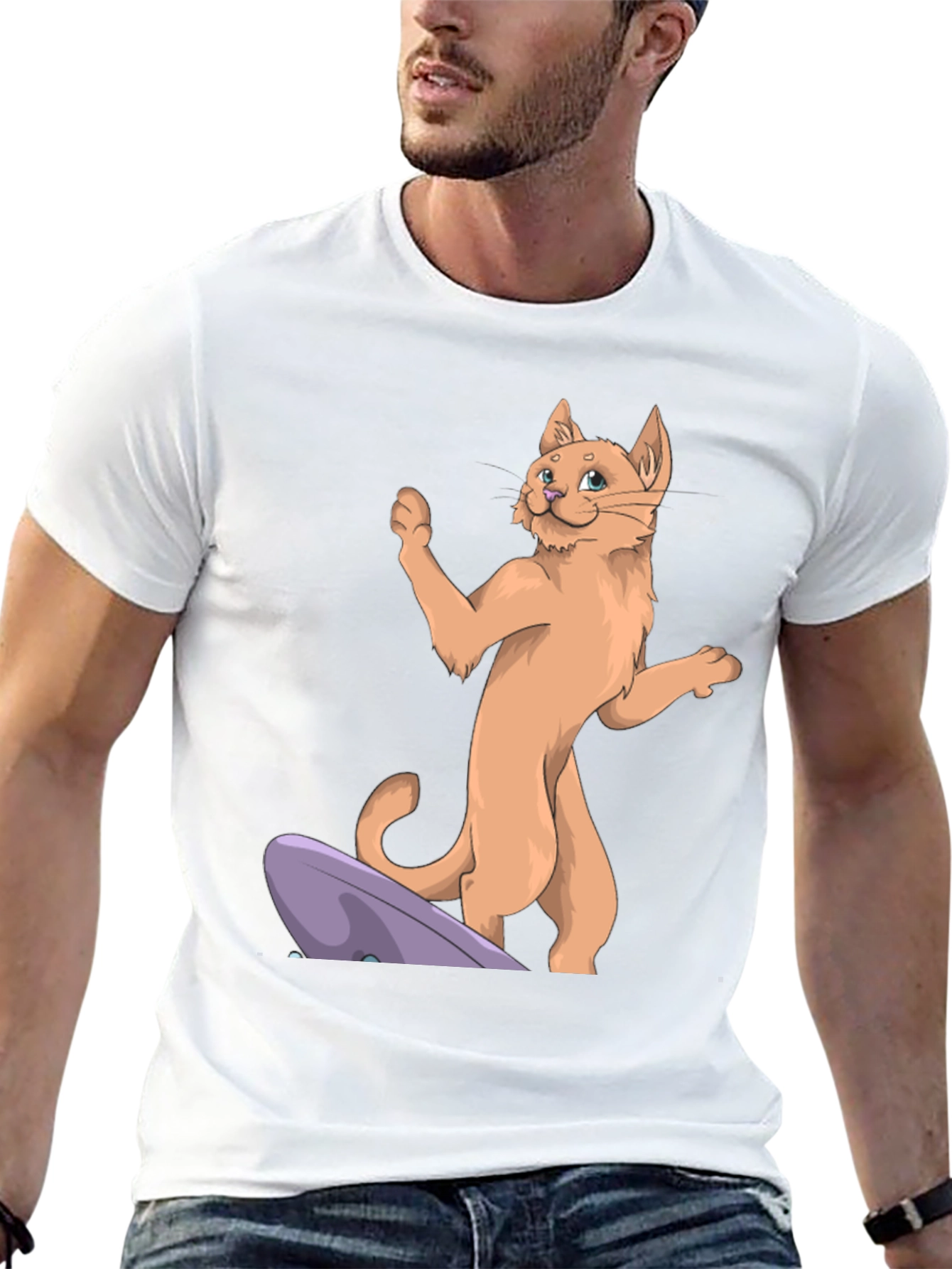 Camiseta Negra con Diseño de Gato Surfista