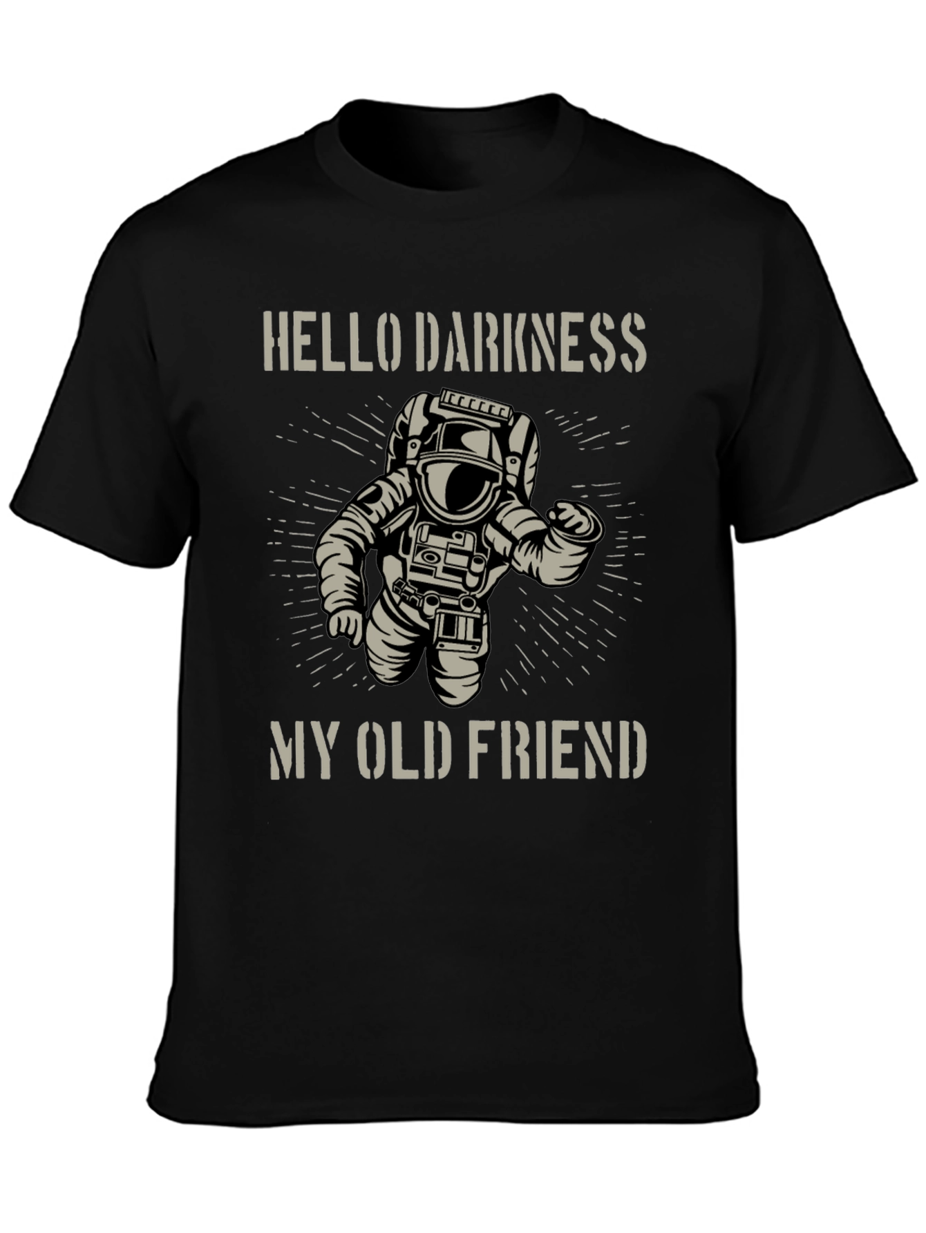 Camiseta Negra Astronauta: Hello Darkness My Old Friend