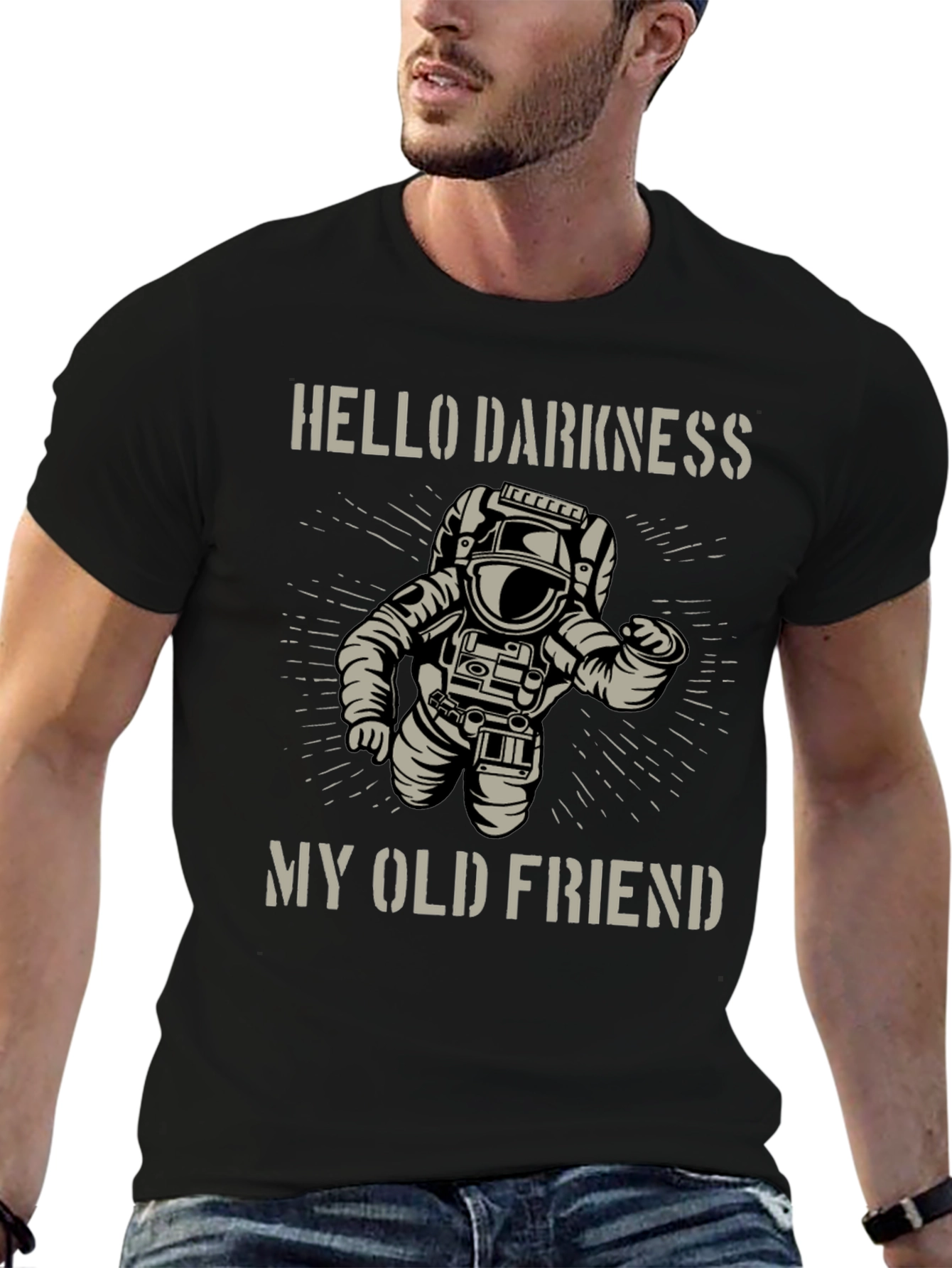 Camiseta Negra Astronauta: Hello Darkness My Old Friend
