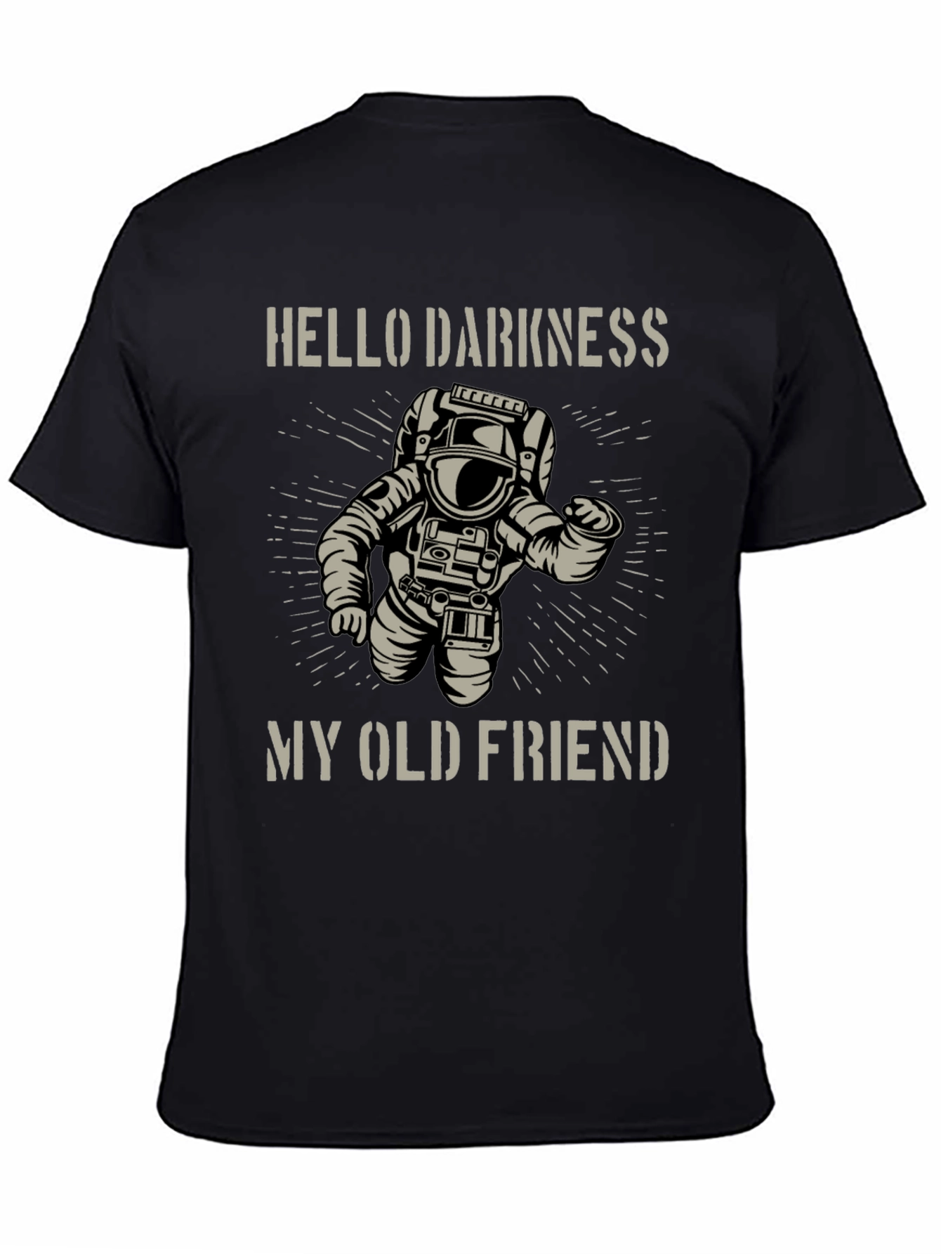 Camiseta Negra Astronauta: Hello Darkness My Old Friend