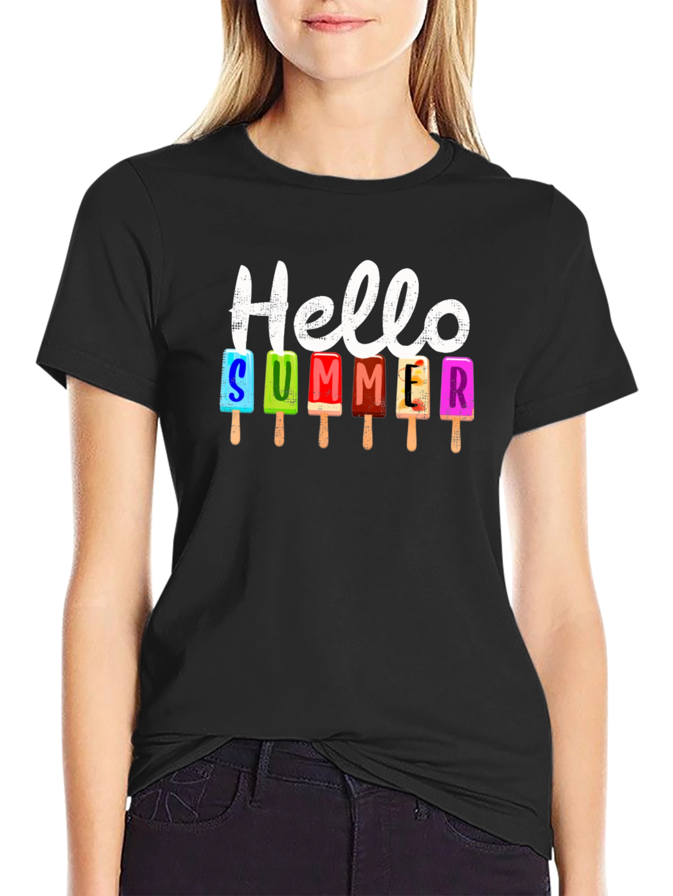 Camiseta Negra Hola Verano con Helados