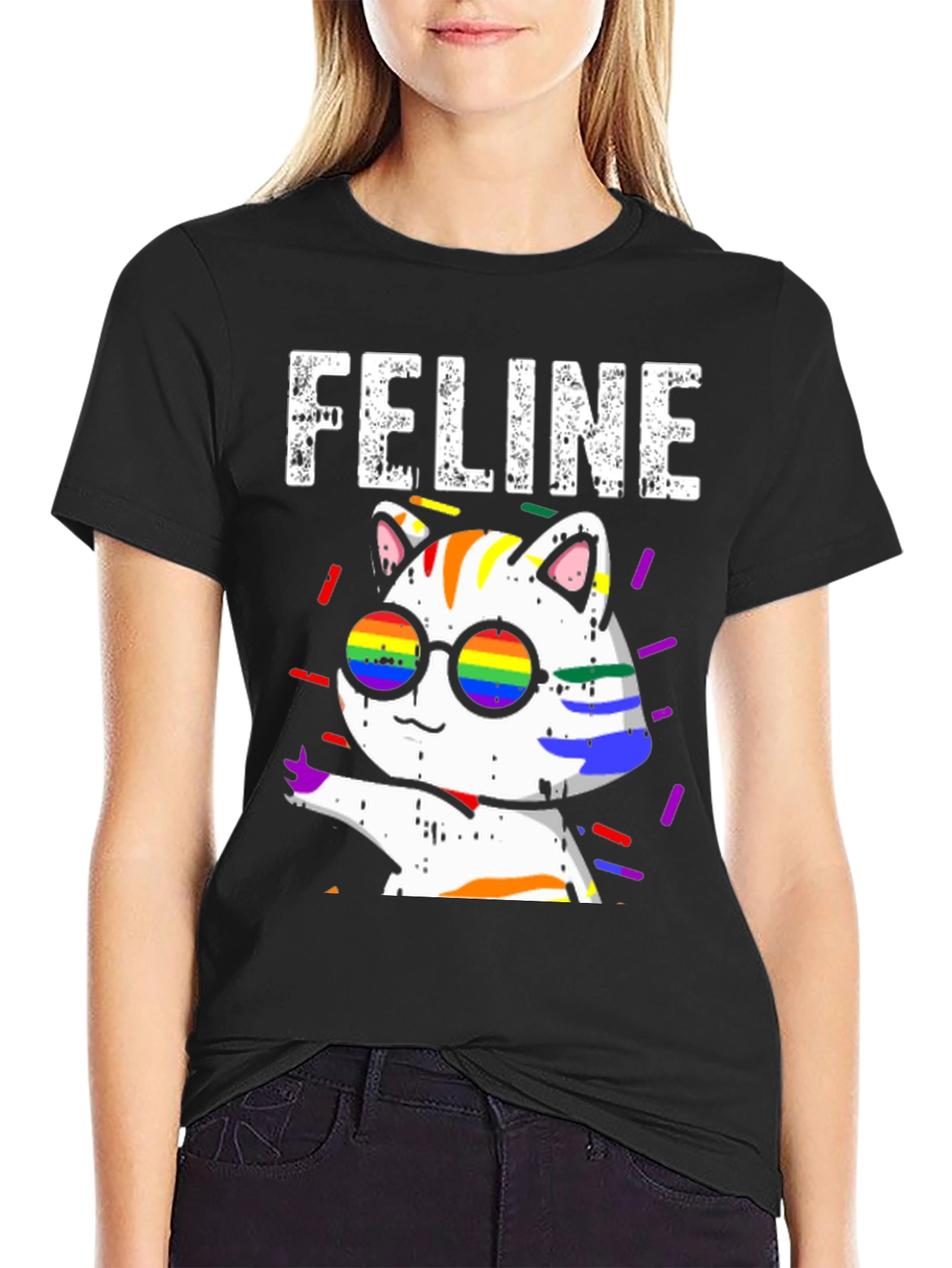 Camiseta Negra con Diseño de Gato FELINE