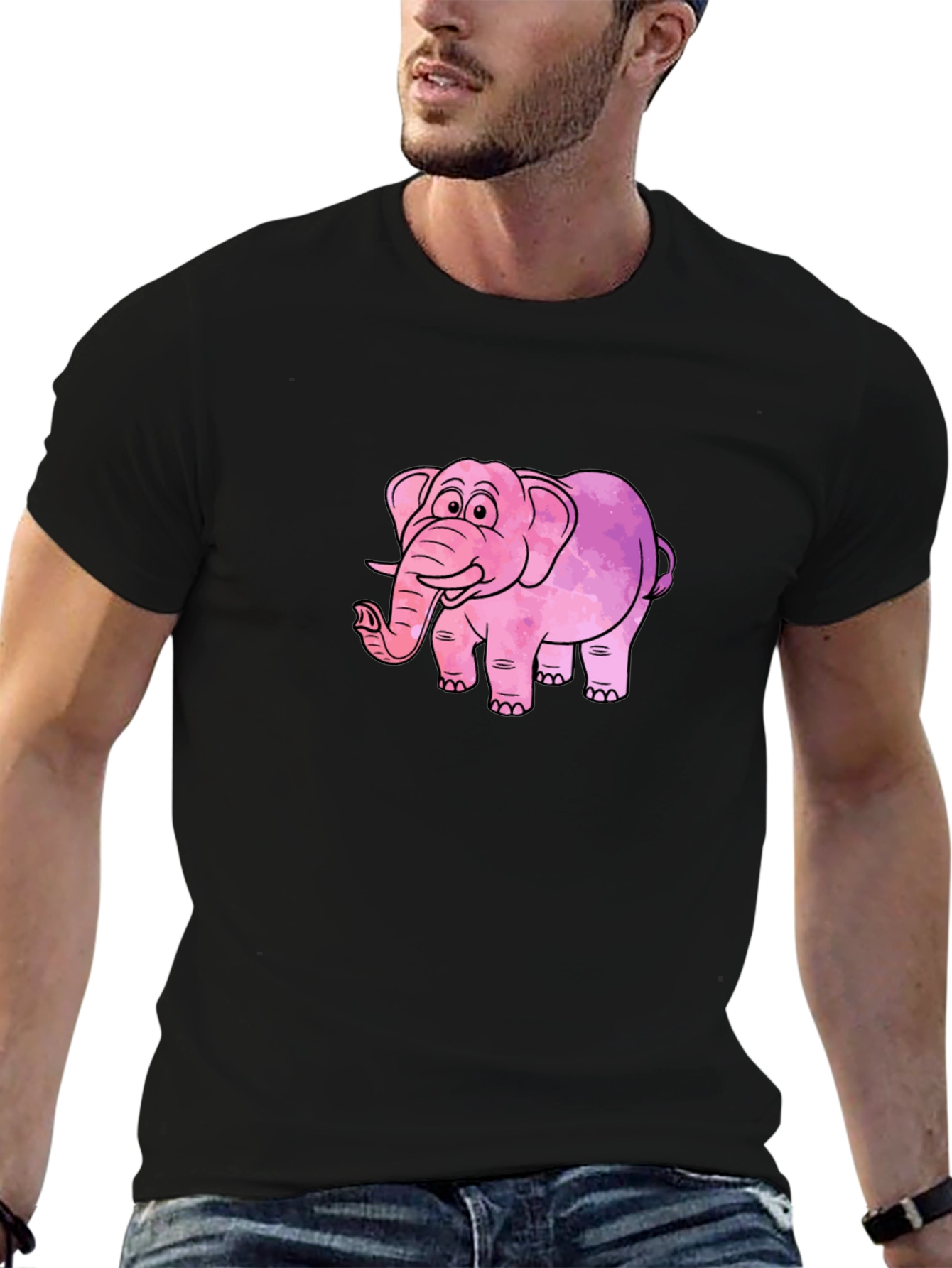 Camiseta Negra con Diseño de Elefante Rosa Acuarela