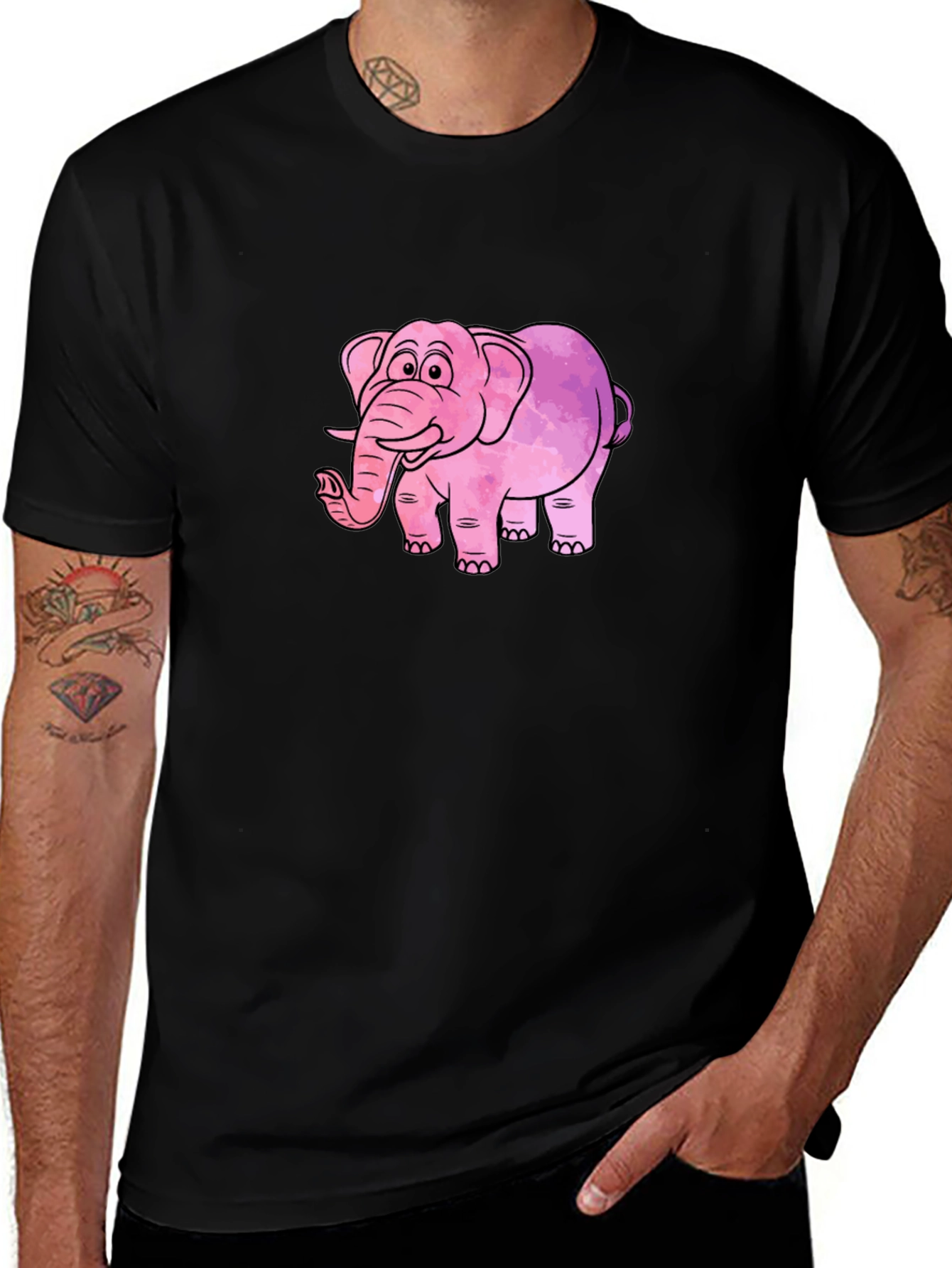 Camiseta Negra con Diseño de Elefante Rosa Acuarela