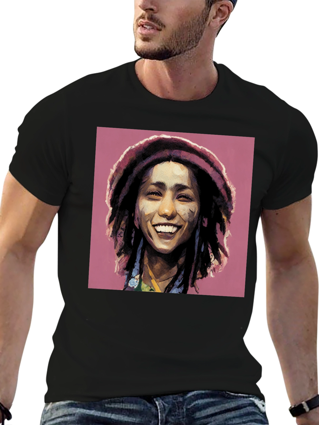 Camiseta Negra con Diseño Artístico de Rasta