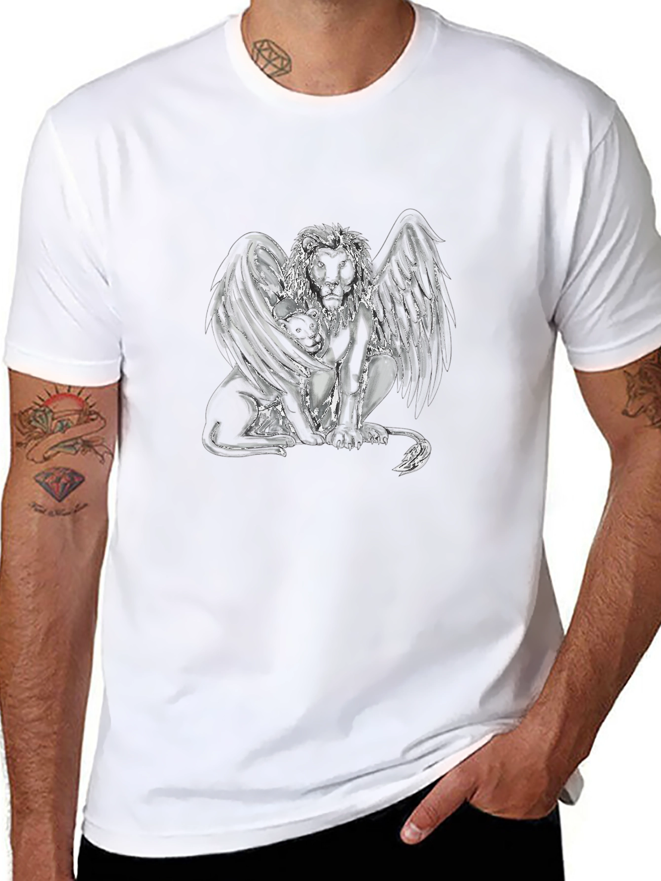 Camiseta Negra con Diseño de León Alado Abstracto