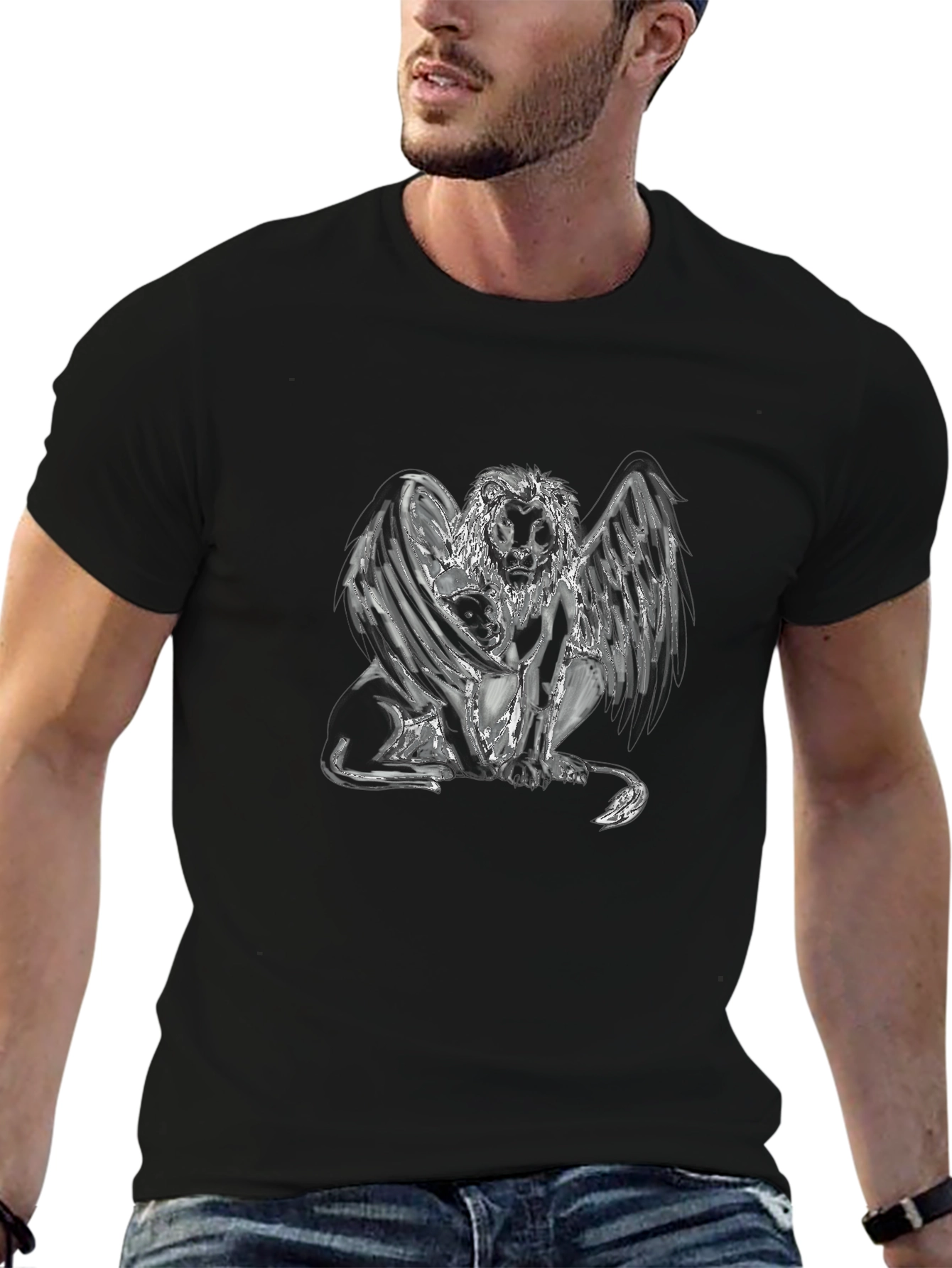 Camiseta Negra con Diseño de León Alado Abstracto