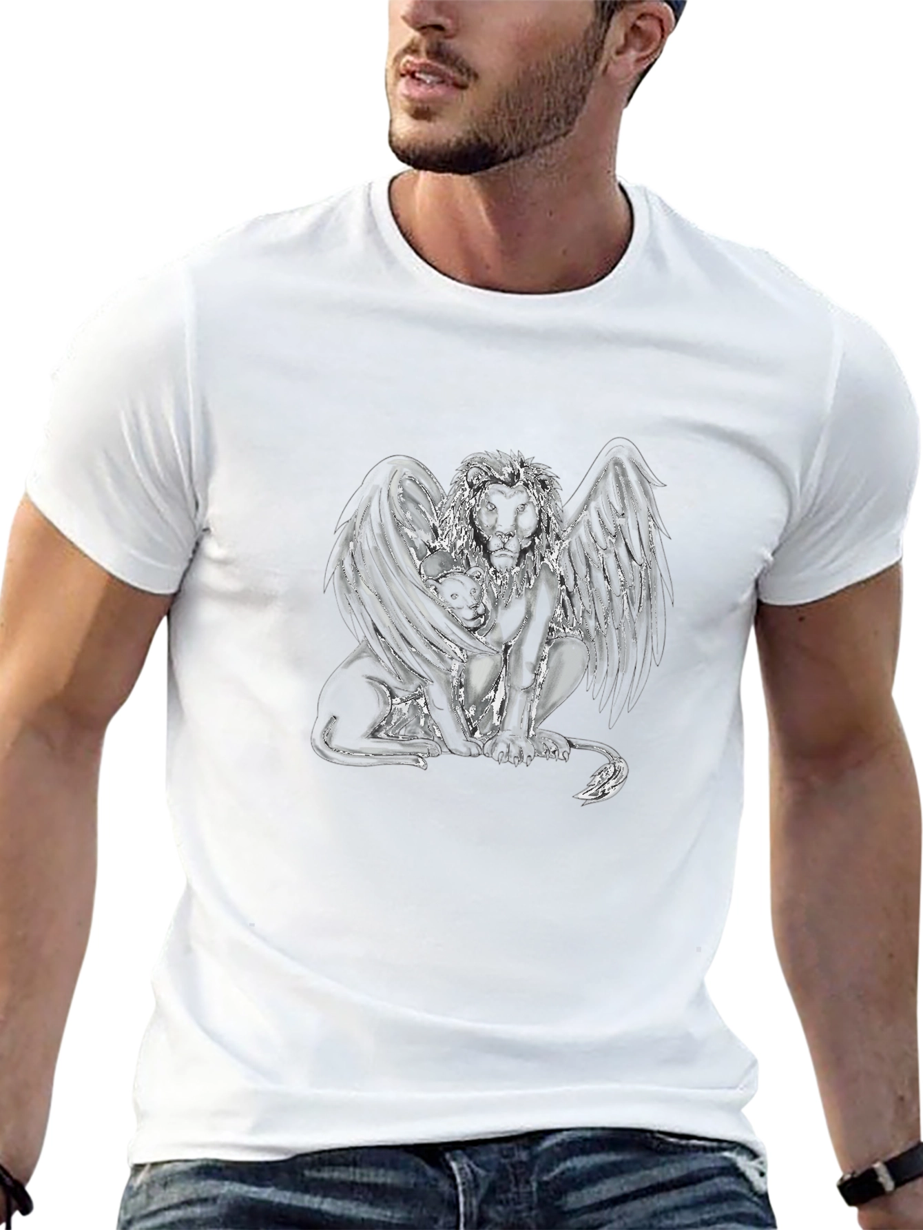 Camiseta Negra con Diseño de León Alado Abstracto