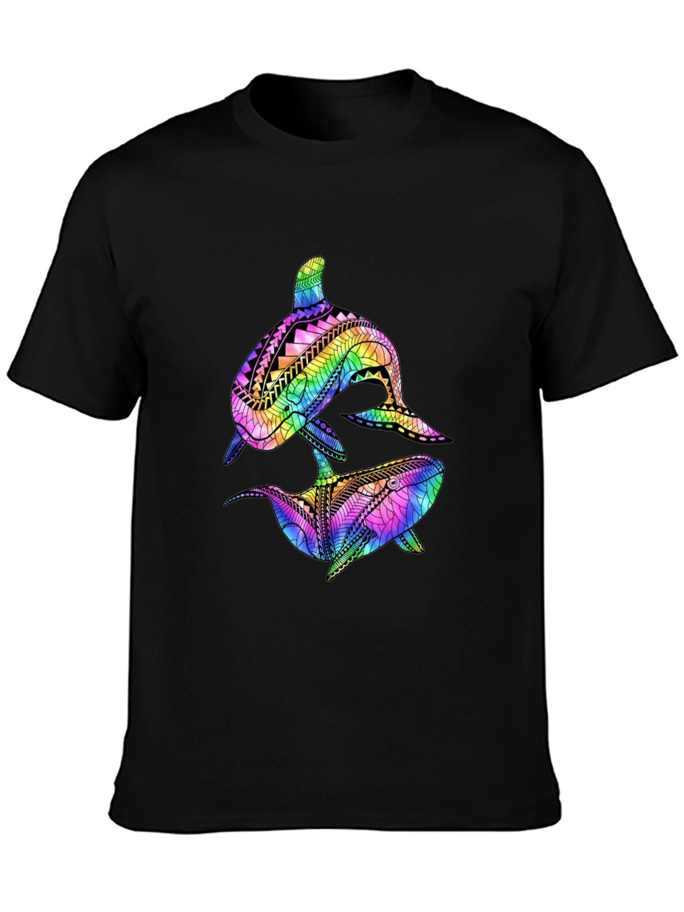 Camiseta Negra con Diseño de Ballenas Tribales de Arcoíris