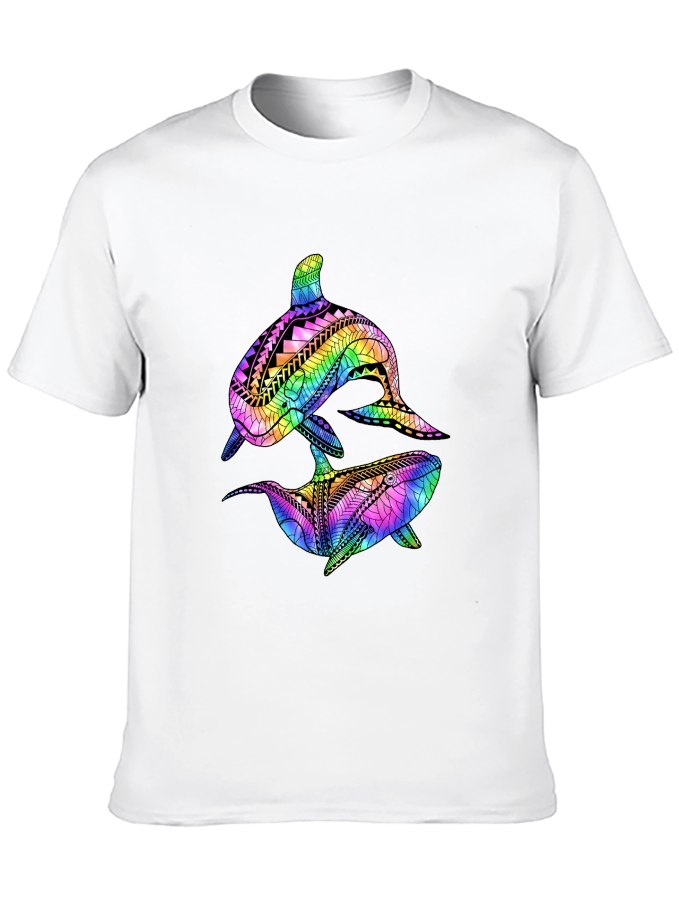 Camiseta Negra con Diseño de Ballenas Tribales de Arcoíris