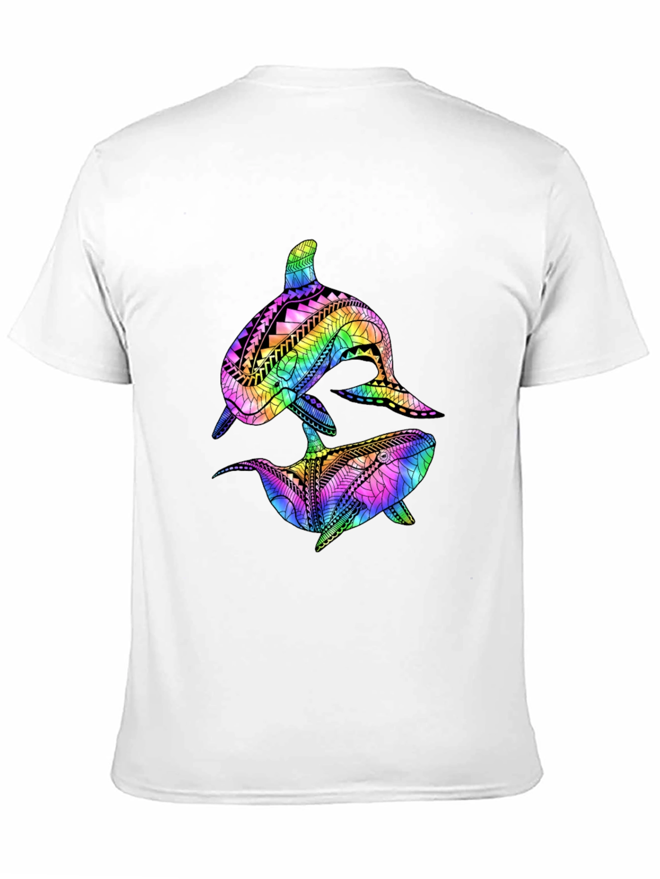 Camiseta Negra con Diseño de Ballenas Tribales de Arcoíris