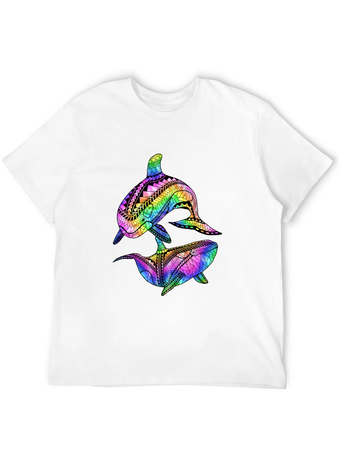 Camiseta Negra con Diseño de Ballenas Tribales de Arcoíris