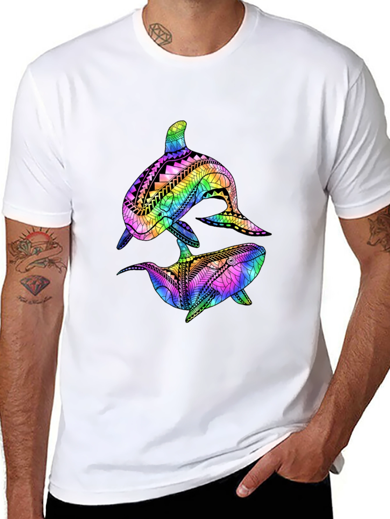 Camiseta Negra con Diseño de Ballenas Tribales de Arcoíris