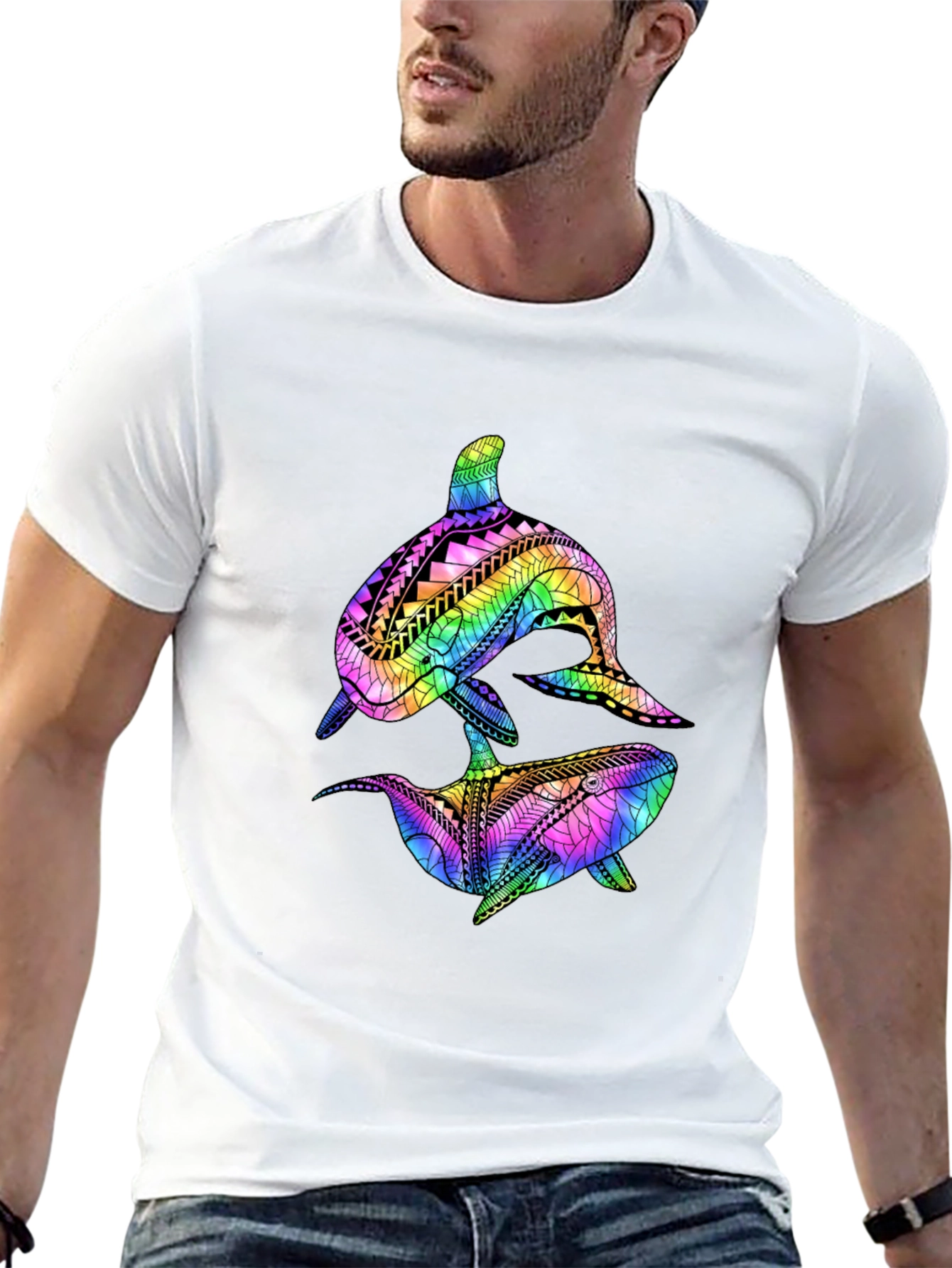 Camiseta Negra con Diseño de Ballenas Tribales de Arcoíris