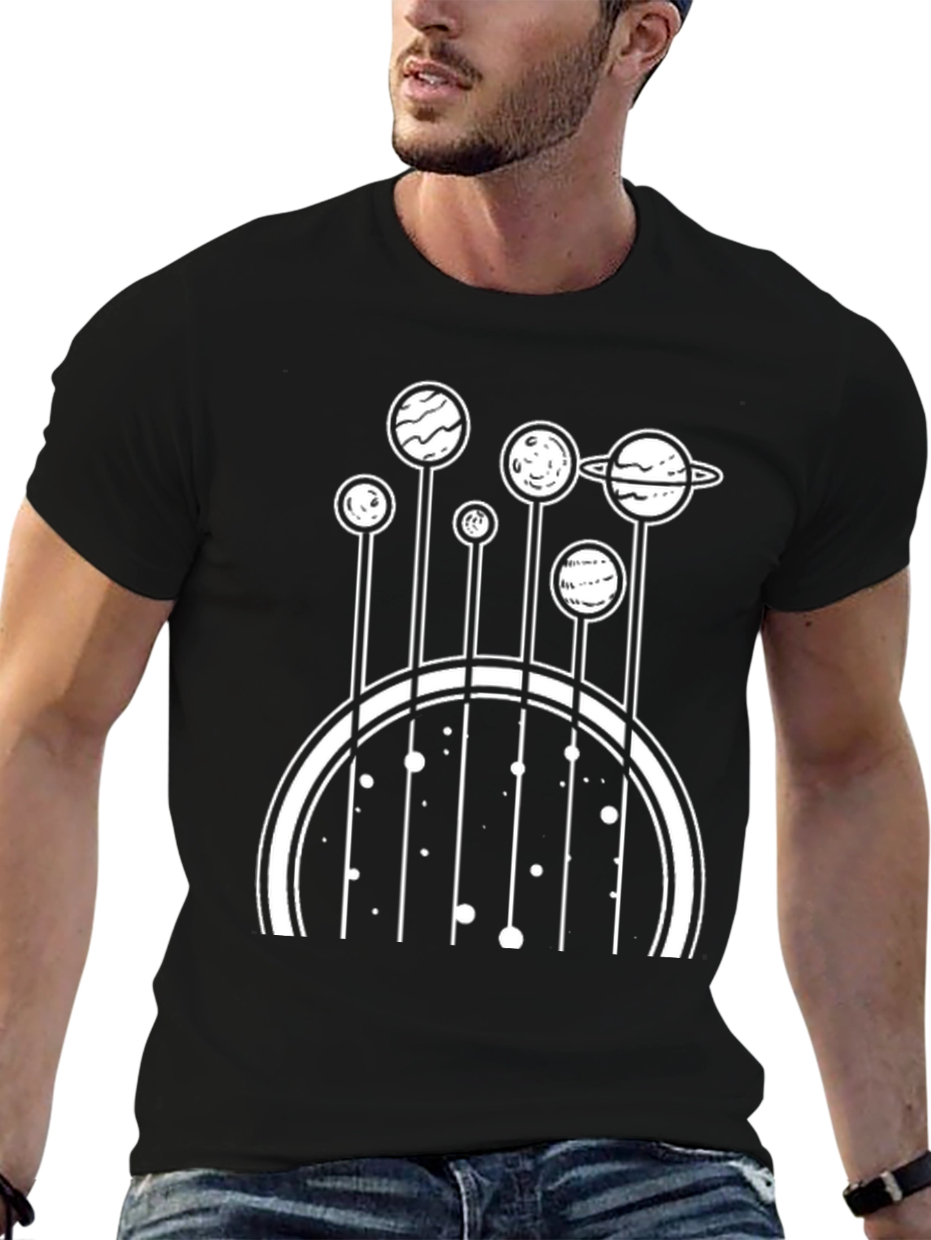 Camiseta Negra con Diseño de Planetas