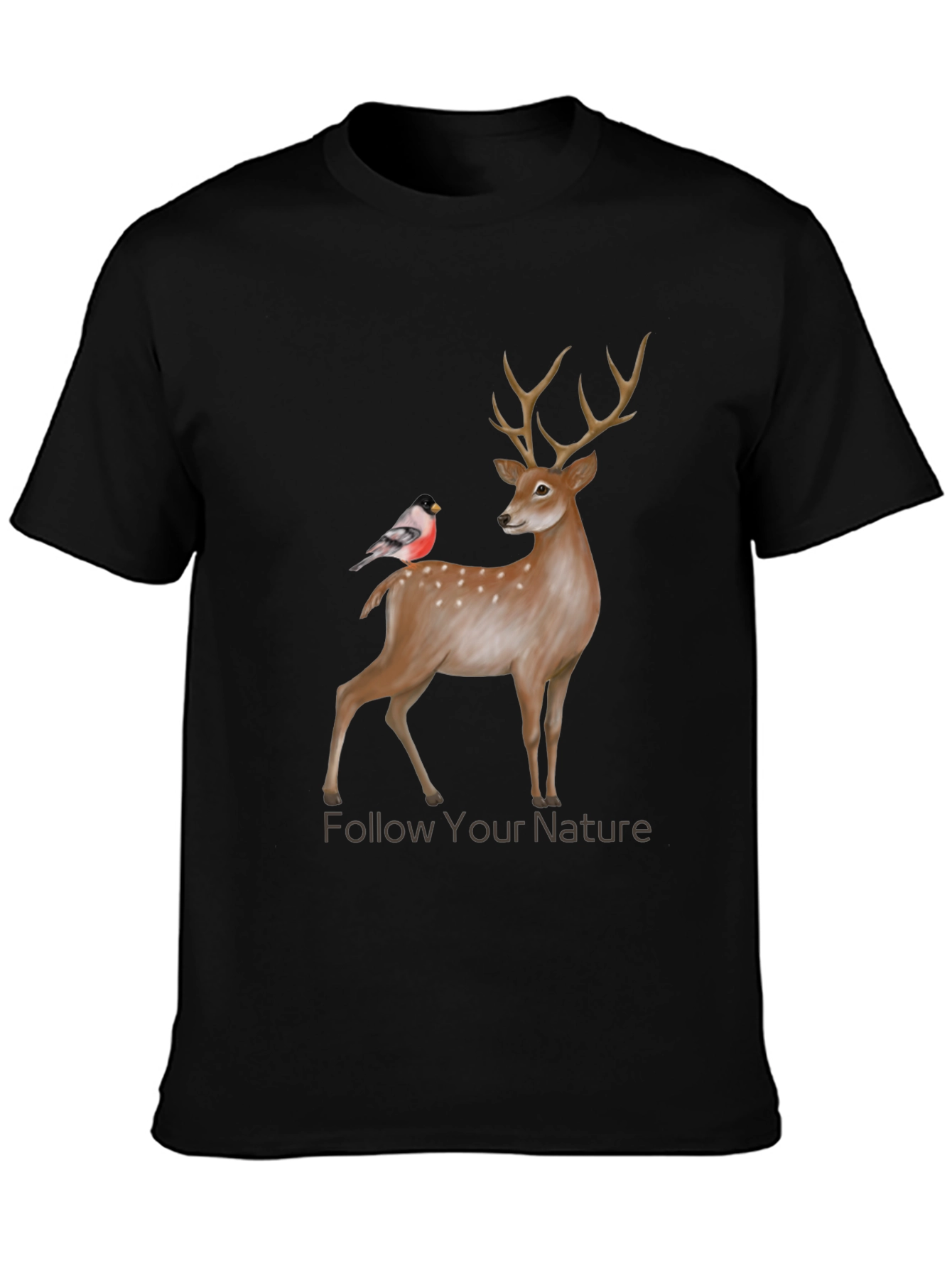 Camiseta Negra con Diseño de Ciervo y Ave