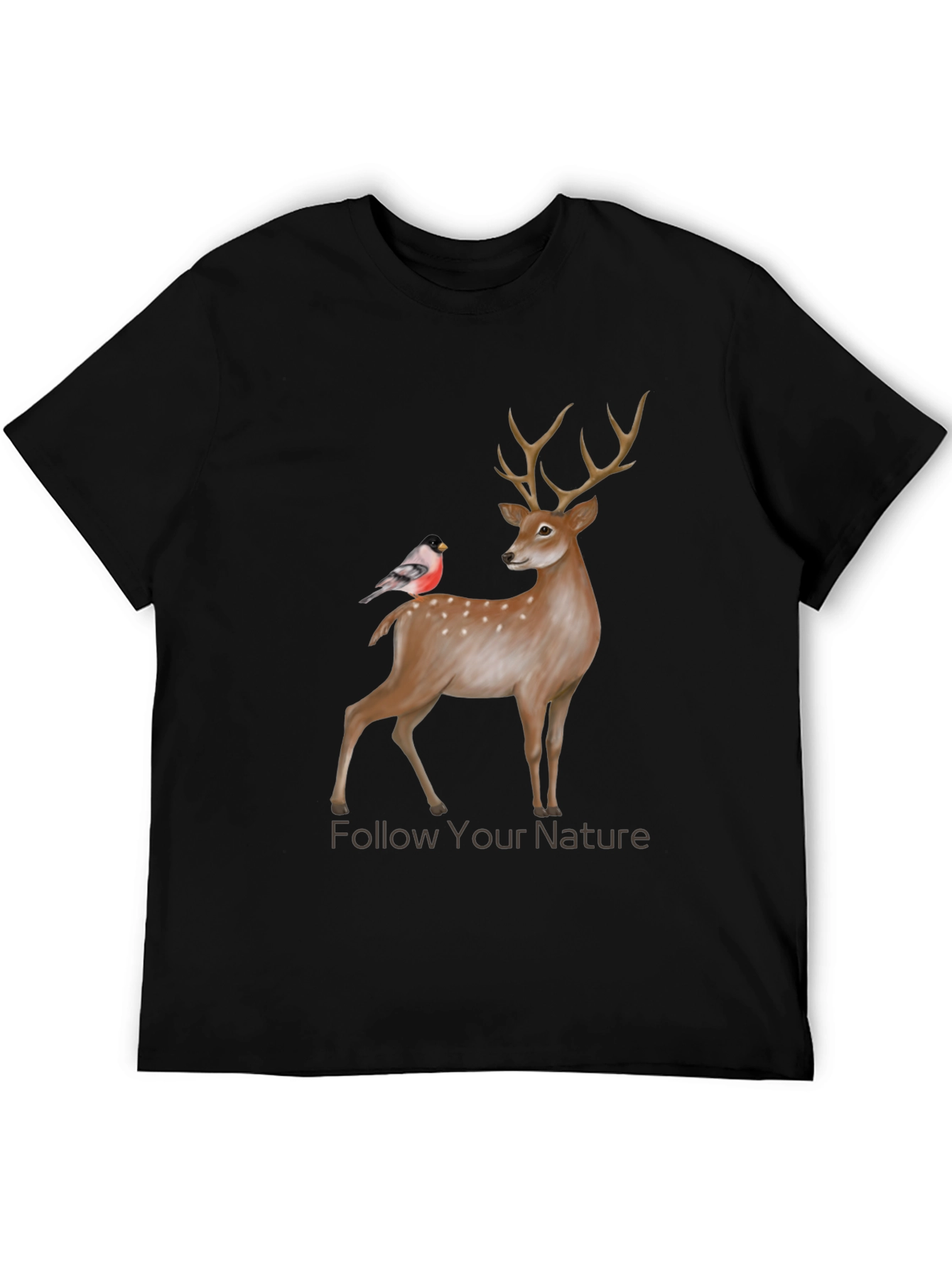 Camiseta Negra con Diseño de Ciervo y Ave