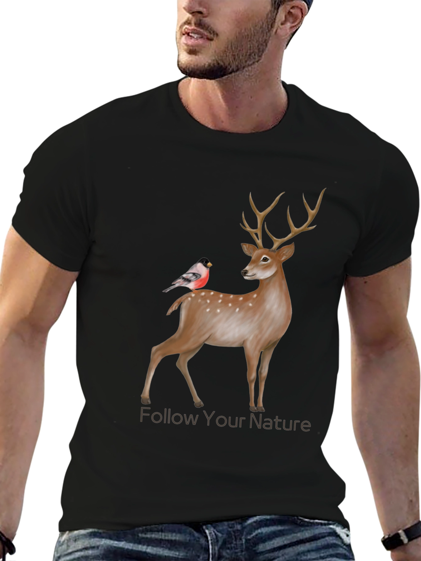 Camiseta Negra con Diseño de Ciervo y Ave