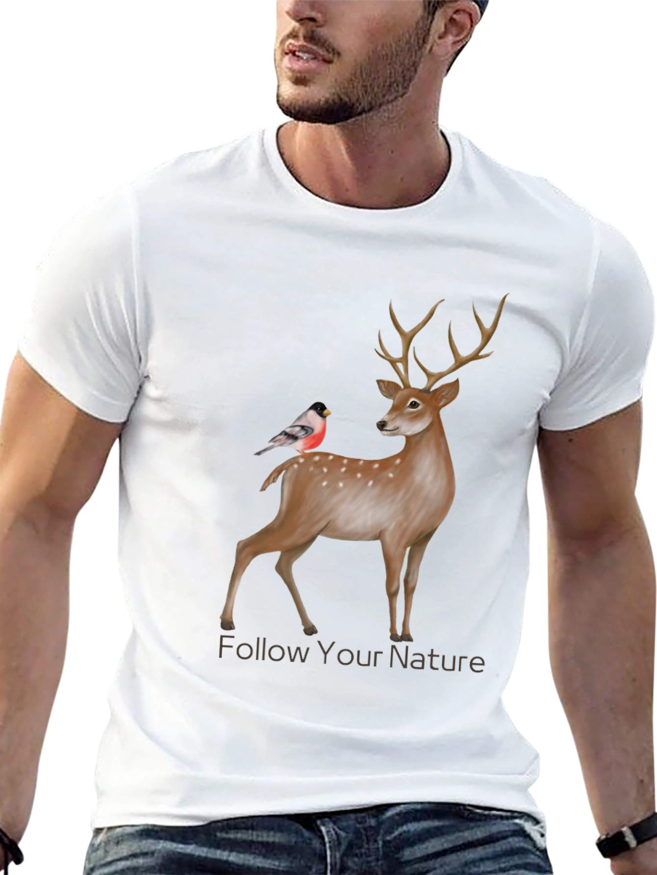 Camiseta Negra con Diseño de Ciervo y Ave