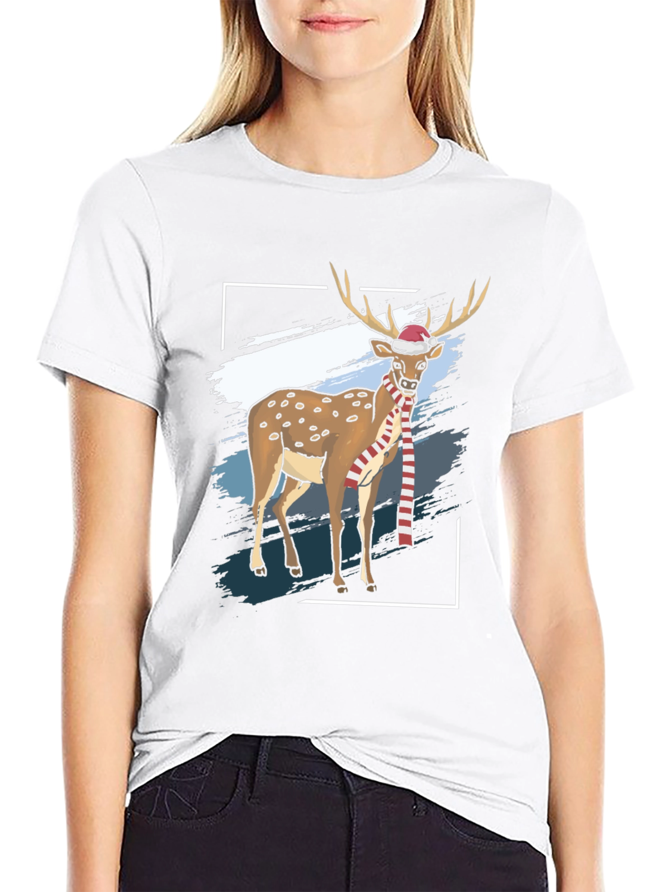 Camiseta Negra con Diseño de Reno Navideño