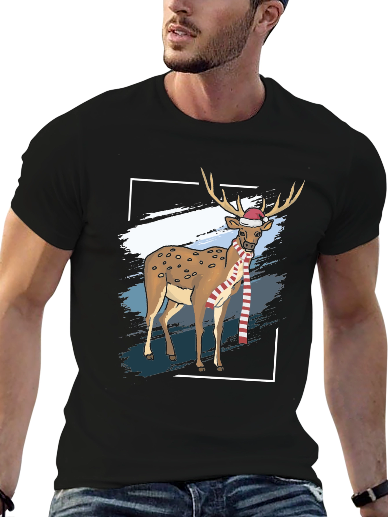 Camiseta Negra con Diseño de Reno Navideño