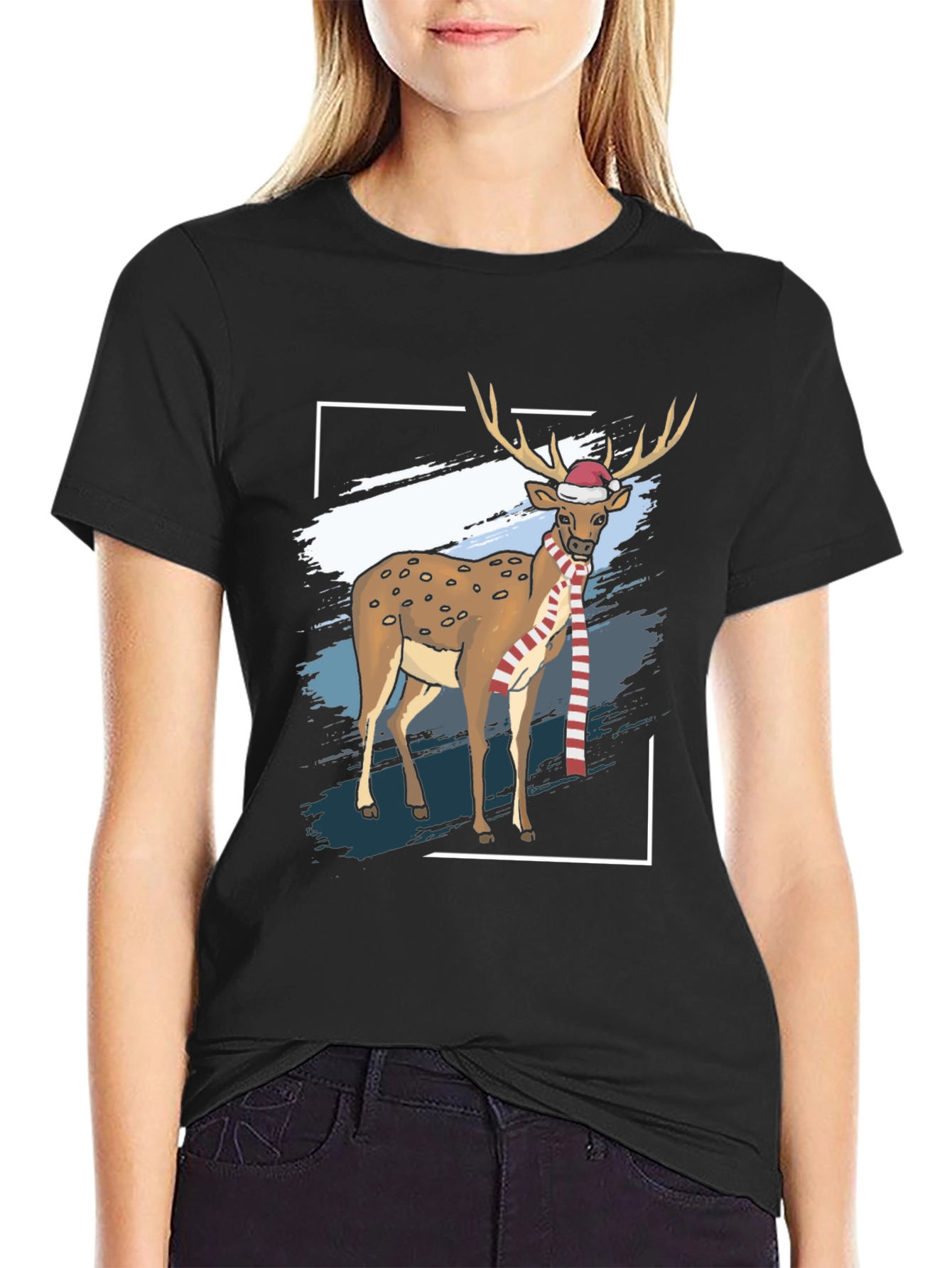Camiseta Negra con Diseño de Reno Navideño