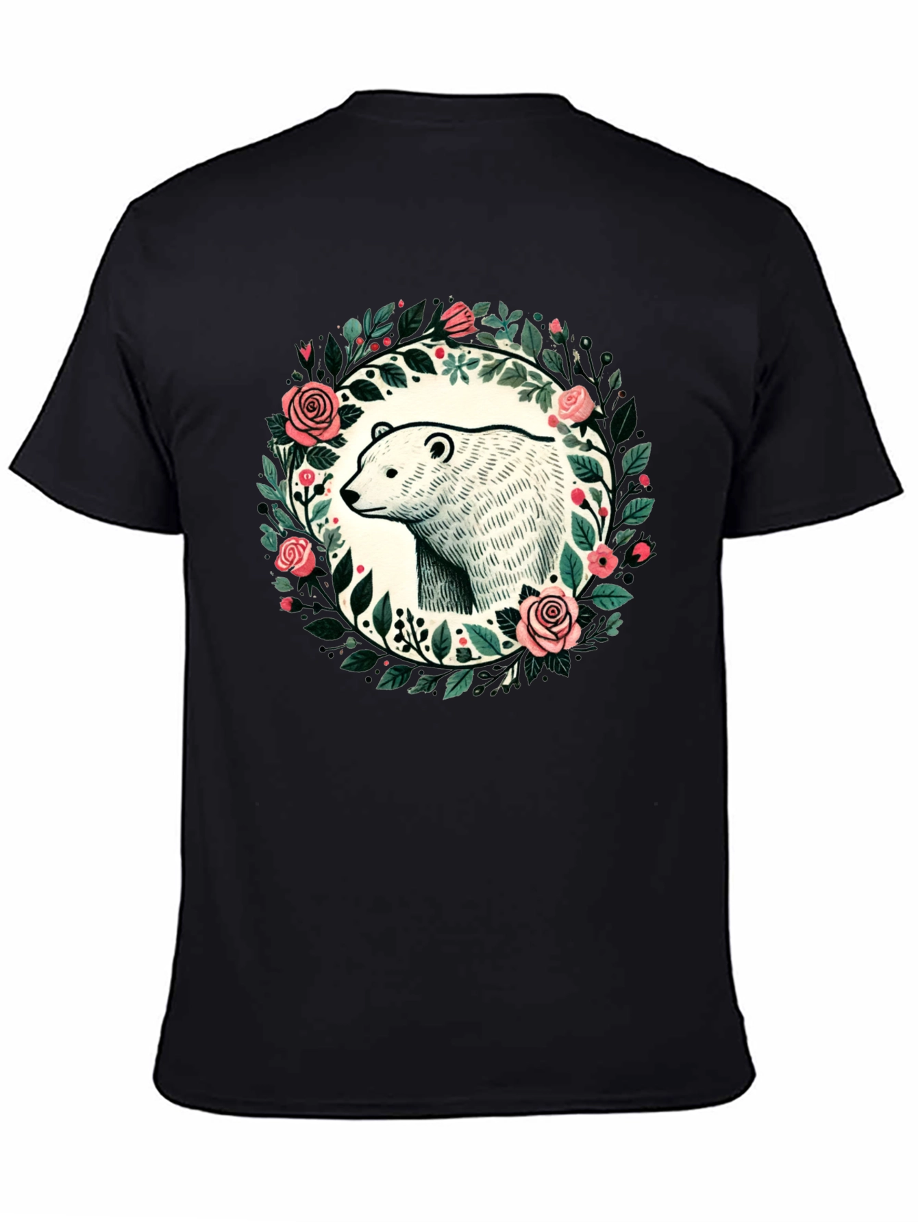 Camiseta Negra con Diseño de Oso y Flores